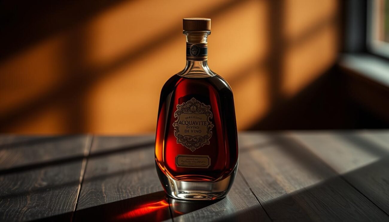 A sophisticated bottle of acquavite di vino, its rich amber hue glistening in the warm, directional lighting. The glass vessel sits atop a dark, wooden surface, casting subtle shadows that add depth and dimension. The bottle's elegant, tapered shape is accentuated by the carefully placed lighting, drawing the viewer's eye to the intricate label adorning its surface. The background is softly blurred, keeping the focus on the captivating spirit at the center of the frame. The overall composition conveys a sense of artisanal craftsmanship and premium quality, befitting the renowned Italian distillation process.