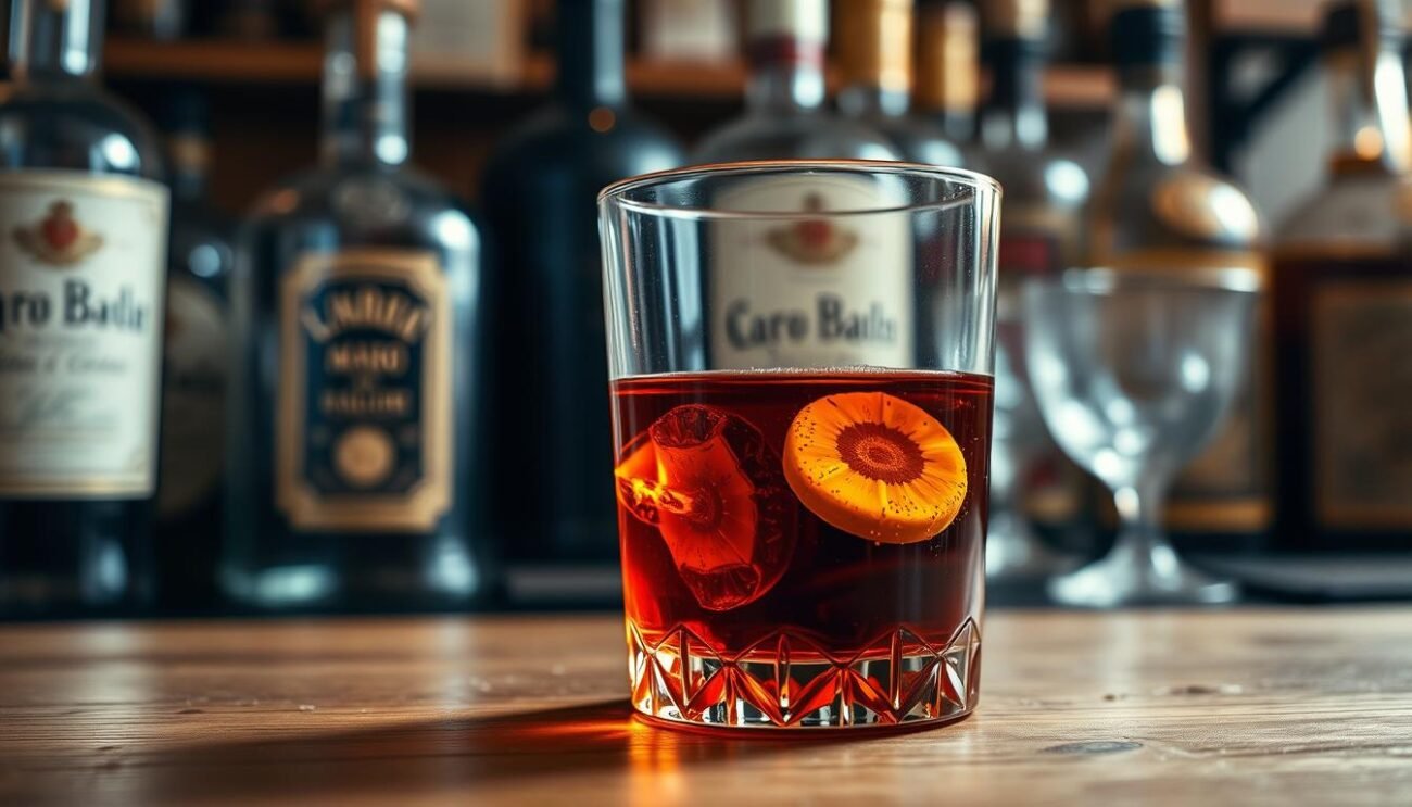 A sophisticated glass tumbler filled with a rich, amber-colored amaro italiano, resting on a wooden surface. The liquid catches the soft, warm light, casting a inviting glow. In the background, a row of antique bottles and glassware suggest a vintage Italian liquor store or bar, hinting at the long history and traditions of amari production in the country. The overall atmosphere is one of refined sophistication, classic elegance, and a sense of heritage.