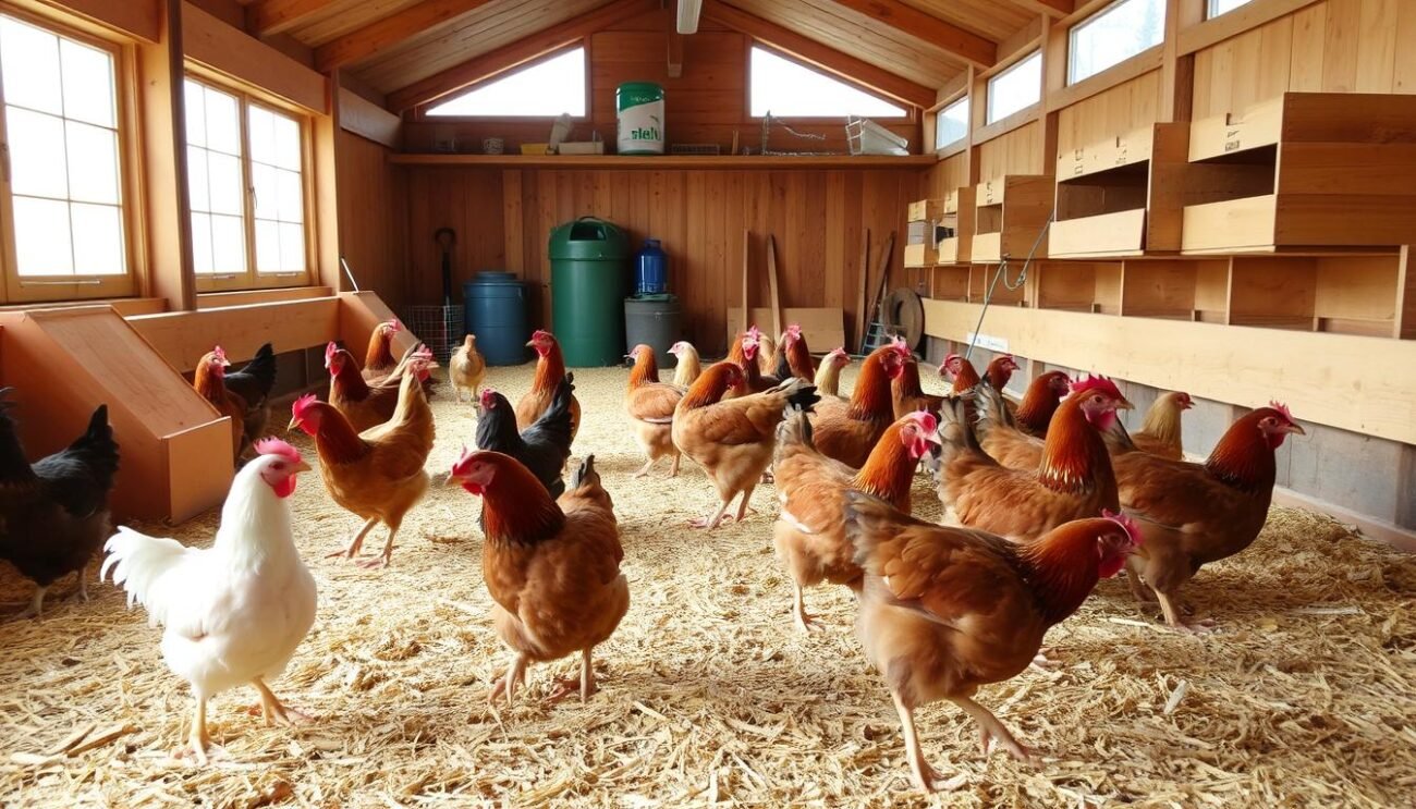 A spacious and well-organized chicken coop, with a clean, straw-covered floor and ample sunlight streaming in through large windows. A group of healthy, contented-looking laying hens roam freely, pecking at the ground and fluttering their wings. In the foreground, a sturdy wooden perch and nesting boxes provide a comfortable environment for the birds. In the background, a storage area houses feed, water containers, and essential tools for daily coop maintenance. The scene conveys a sense of tranquility and attention to the hens' well-being, reflecting the importance of proper equipment and diligent management for a successful egg-laying operation.