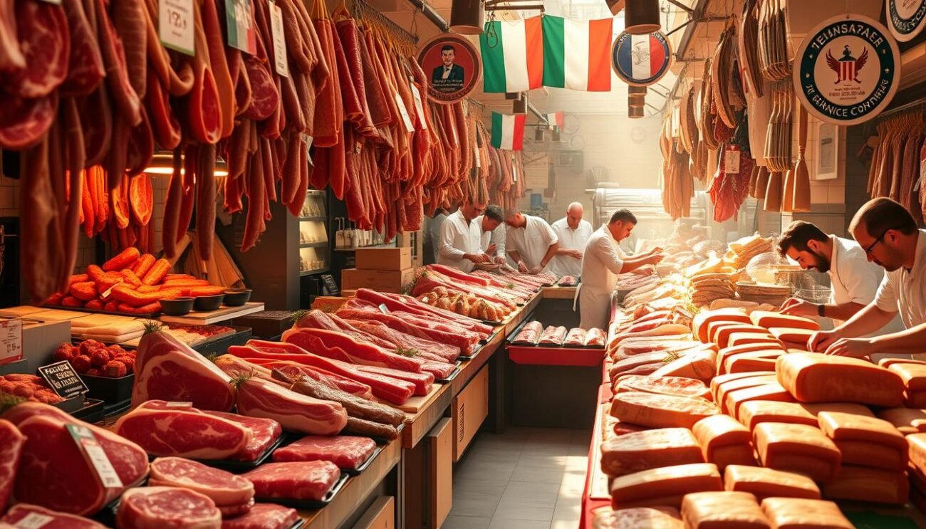 A sprawling Italian meat market, the stalls brimming with a vibrant display of high-quality Italian meats. Gleaming cuts of beef, pork, and lamb take center stage, their origin and certifications proudly showcased. The scene is bathed in warm, natural lighting, casting a golden glow over the proceedings. Butchers in crisp white aprons expertly slice and package the selections, their movements precise and practiced. The air is fragrant with the aroma of aged prosciutto and freshly ground spices. In the background, a mosaic of Italian flags and official seals denote the provenance and authenticity of the wares on offer, highlighting the transparency and traceability of this distinctly Italian marketplace.