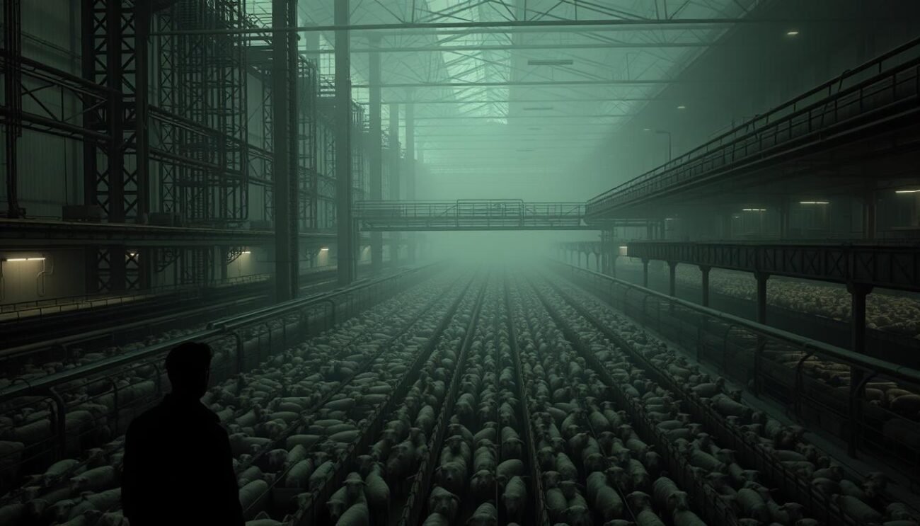 A sprawling industrial complex of towering metal structures, conveyor belts, and overcrowded pens housing countless livestock. Dim, harsh lighting casts long shadows, conveying an oppressive, dystopian atmosphere. In the foreground, a lone figure surveys the scene, their expression one of grim concern. The background is shrouded in a hazy, polluted haze, suggesting the environmental toll of this intensive farming operation. The overall impression is one of dehumanizing scale, animal suffering, and the unsustainable impact of our industrialized food system.