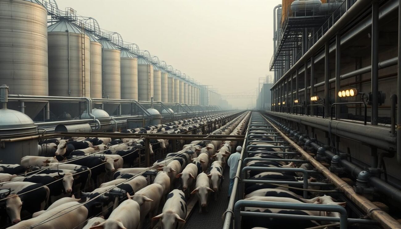 A sprawling industrial complex, steel silos and conveyor belts against a hazy sky. Cows and pigs in crowded pens, watched over by stern-faced workers in white coats. The air thick with the scent of disinfectant and feed. A maze of pipes and valves, monitoring the flow of liquids and powders. Bright warning lights blink above steel doors, guarding the unseen processes within. A world of controlled environments, where the health and growth of livestock is strictly managed, for better or for worse. Capture the unease and complexity of this carefully regulated system, the tension between efficiency and ethical concerns.