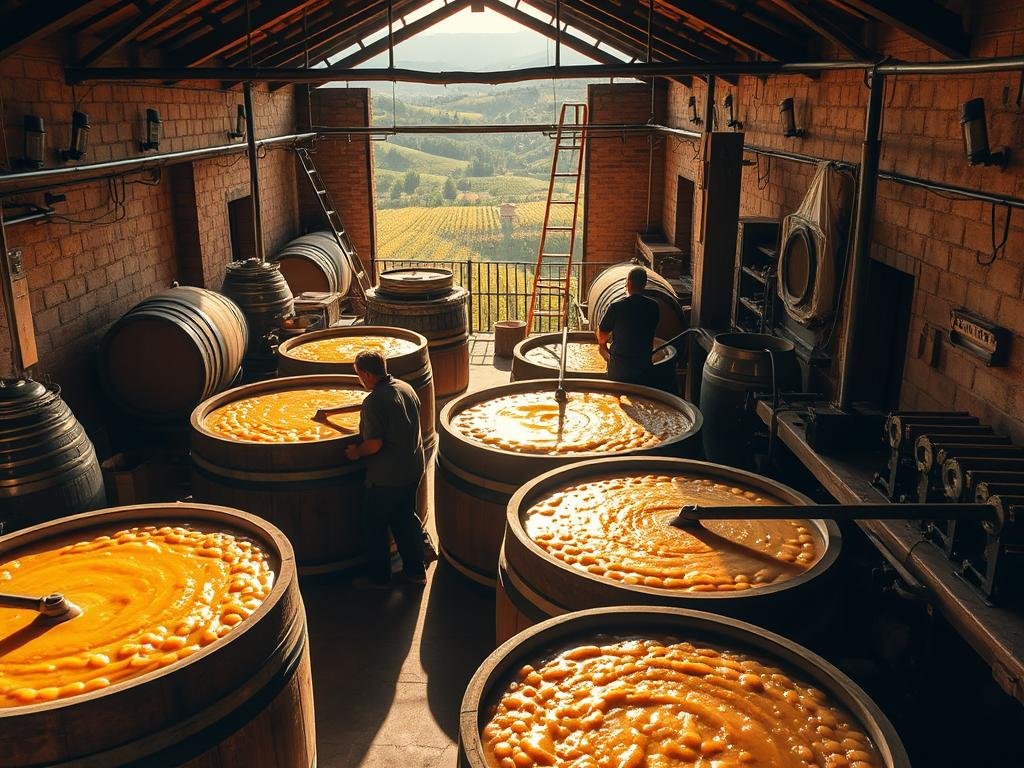A sprawling, rustic, Italian winery with sunlit, earthen-toned accents. In the foreground, workers carefully tend to the large, wooden vats, meticulously monitoring the fermentation process as they expertly stir the golden, frothy 'mosto' (unfermented grape juice). The middle ground showcases the traditional tools and equipment used, while the background provides a glimpse of the lush, rolling vineyards beyond. Warm, golden lighting casts a cozy, inviting atmosphere, capturing the essence of this centuries-old tradition. The scene radiates a sense of heritage, craftsmanship, and the beauty of the winemaking process.