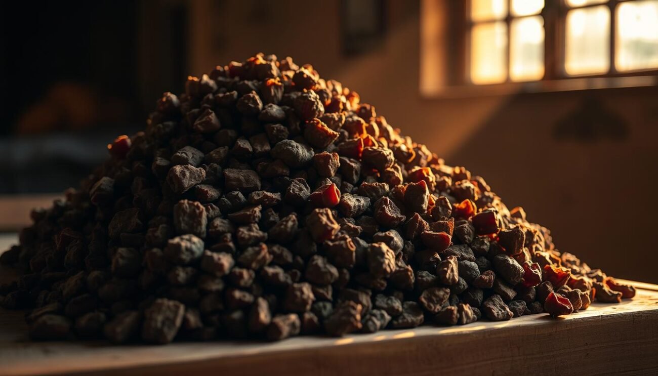 A stack of freshly harvested vinacce, the grape pomace leftover from winemaking, sits atop a wooden surface. The vinacce are a rich, earthy brown, their textures and shapes varied, creating an organic, artisanal aesthetic. Warm, golden light from a window bathes the scene, casting soft, diffused shadows that accentuate the vinacce's contours. The overall mood is one of rustic simplicity, highlighting the natural beauty and importance of this crucial byproduct in the production of superior grappa. The image captures the essence of the "Raccolta e Trattamento Iniziale delle Vinacce" section, showcasing the care and attention required in the initial handling of this valuable raw material.
