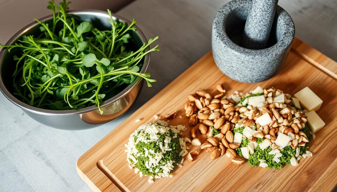 A stainless steel bowl overflows with vibrant green cime di rapa, their tender leaves and slender stems glistening under soft, warm lighting. Beside it, a large wooden cutting board hosts a mound of freshly minced garlic, toasted pine nuts, and crumbled aged Parmesan. Mortar and pestle stand ready, their rough surfaces hinting at the rhythmic grinding to come. The scene evokes the comforting aromas and humble elegance of traditional Puglian pesto-making, a time-honored ritual about to unfold. A stainless steel bowl overflows with vibrant green cime di rapa, their tender leaves and slender stems glistening under soft, warm lighting. Beside it, a large wooden cutting board hosts a mound of freshly minced garlic, toasted pine nuts, and crumbled aged Parmesan. Mortar and pestle stand ready, their rough surfaces hinting at the rhythmic grinding to come. The scene evokes the comforting aromas and humble elegance of traditional Puglian pesto-making, a time-honored ritual about to unfold.