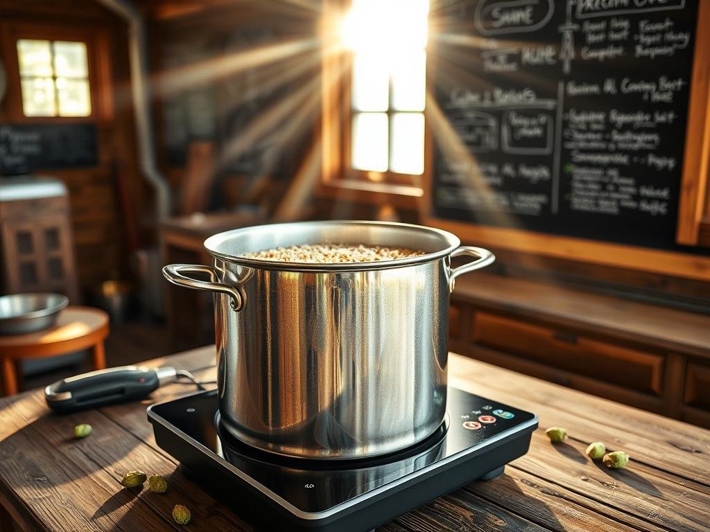 A stainless steel brew pot filled with a mash of crushed grains, sitting atop a portable induction cooktop. Sunlight streams through a large window, casting a warm glow on the scene. The brew setup is placed on a rustic wooden table, with a few hops cones scattered around. In the background, a chalkboard wall displays diagrams and notes about the all-grain brewing process. The overall atmosphere is one of a cozy, well-equipped home brew space, reflecting the expertise and passion of the homebrewer.
