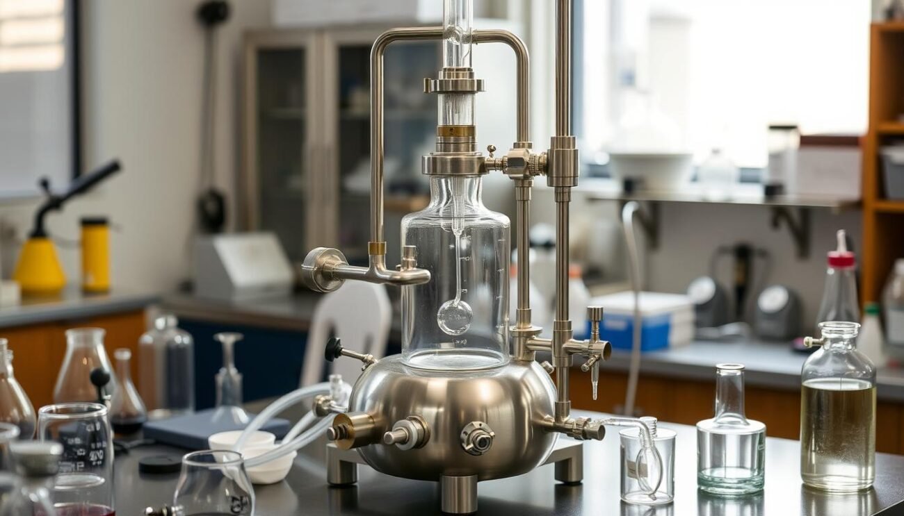 A stainless steel distillation apparatus sits on a table, its glass components catching the soft, indirect lighting from above. Stainless steel pipes and valves connect the various parts, creating a technical, industrial aesthetic. The setup is surrounded by scientific instruments, beakers, and other laboratory equipment, hinting at the precision and care required for low-temperature distillation. The overall atmosphere is one of scientific inquiry and innovative experimentation, perfectly matching the subject of "Low-Temperature Distillation: Innovative Techniques" and the section title "The Science Behind Low-Temperature Distillation".