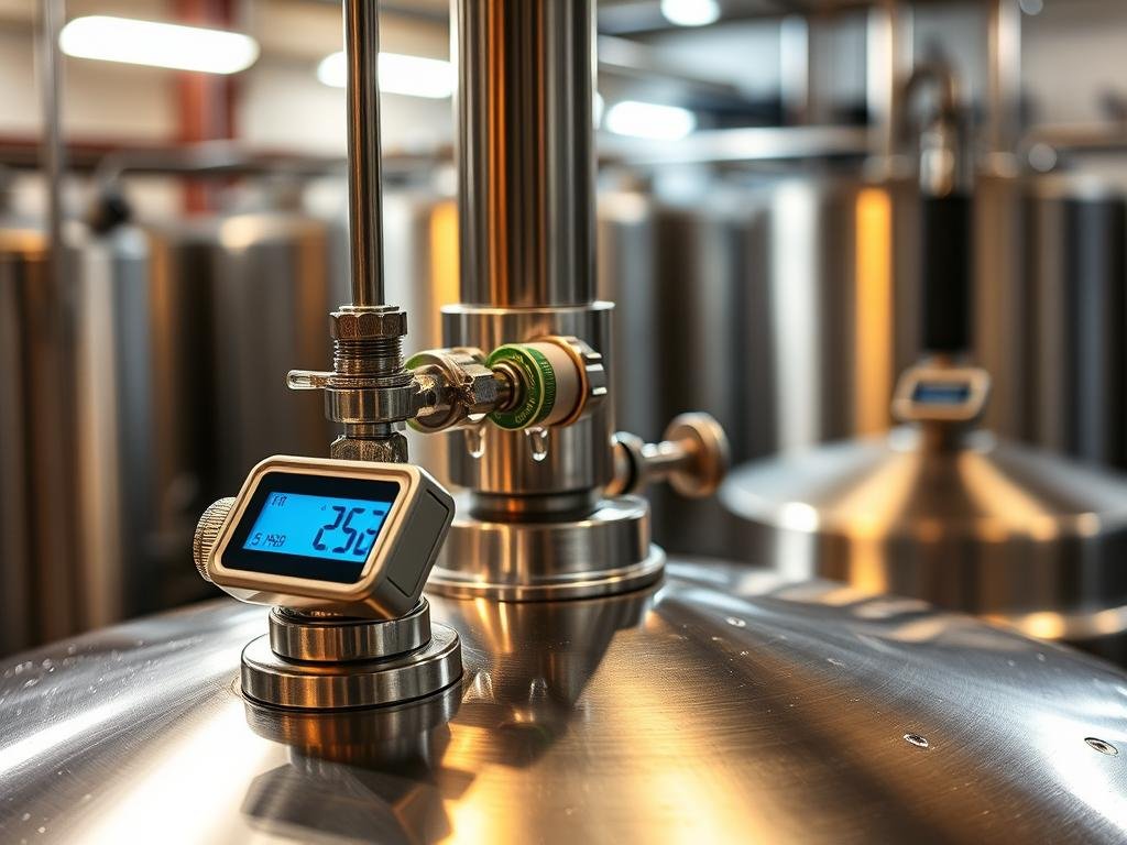 A stainless steel fermentation tank sits in a modern brewery, its digital temperature readout glowing softly. Bright task lighting casts a warm glow, illuminating the intricate valves and pipes that regulate the delicate fermentation process. Droplets of condensation cling to the vessel's surface, a testament to the precise temperature control required to coax out the perfect balance of flavors. In the background, a hazy view of the bustling brewhouse, where the aroma of roasted malts and hops mingles with the soft hum of machinery. This image captures the essence of the careful temperature management that is the cornerstone of exceptional beer fermentation.