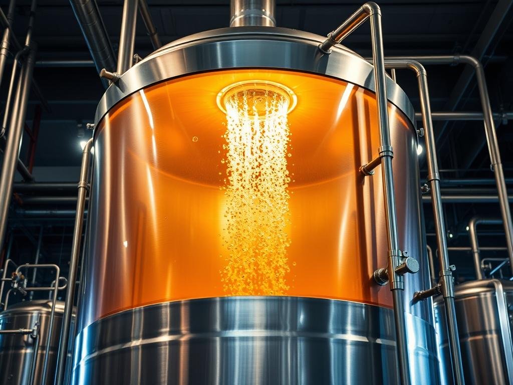 A stainless steel fermentation tank stands in a modern brewery, its gleaming surface reflecting the warm glow of overhead lighting. Inside, a cascade of bubbles rises through the amber liquid, signaling the active secondary fermentation process. A network of steel pipes and valves surrounds the tank, conveying the beer to the next stage of conditioning. The scene exudes a sense of precision, control, and the careful orchestration of the brewing art. A pristine laboratory environment, where science and tradition converge to create the perfect pint.