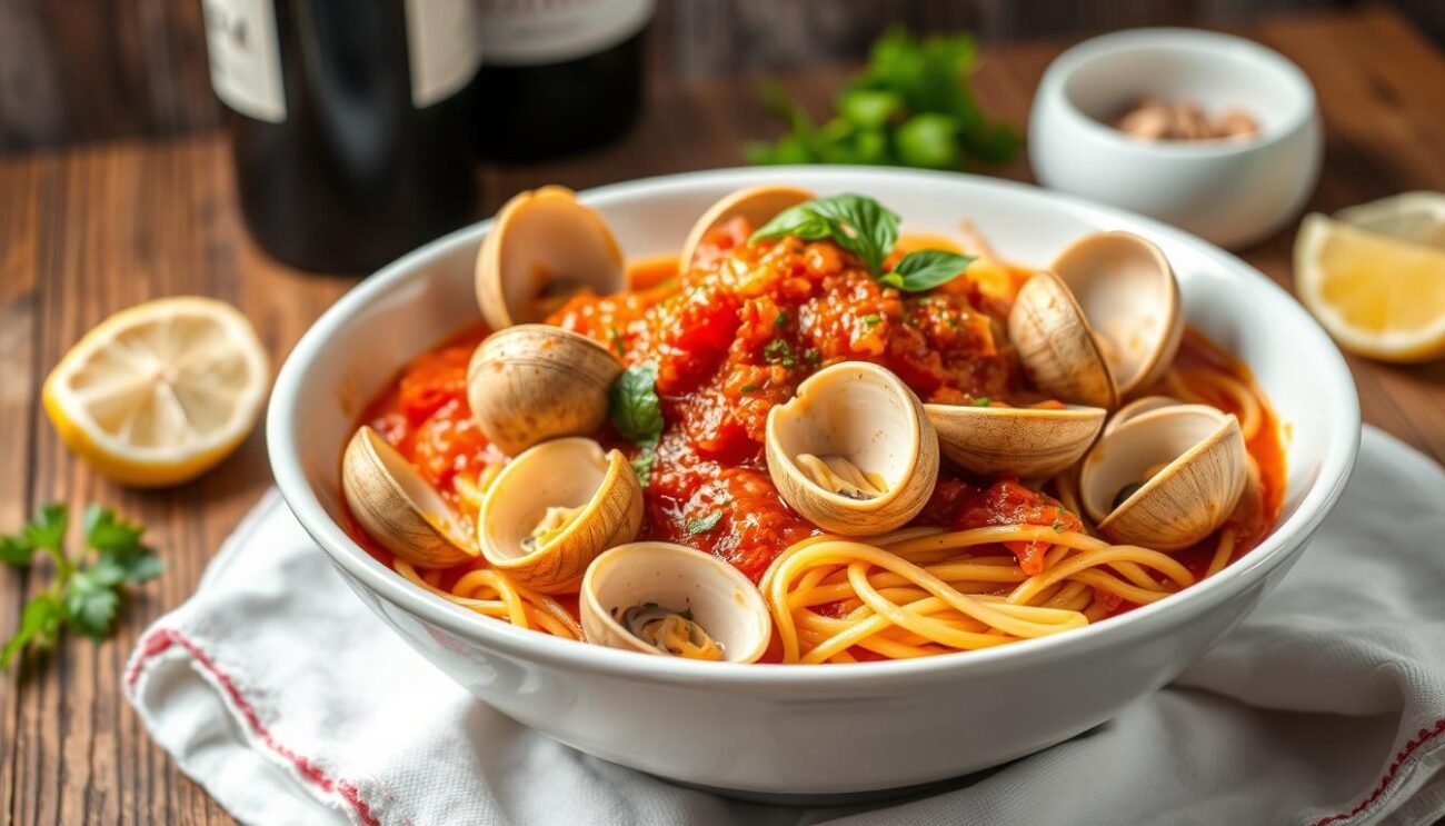 A steaming bowl of fresh seafood in a vibrant, crimson tomato sauce, simmered to perfection. Plump, juicy clams in their half-shells nestled among spaghetti noodles, the red sauce glistening with olive oil. Garlic, white wine, and a hint of chili flakes dance on the tongue, while the aroma of fresh basil and parsley wafts through the air. In the background, a rustic wooden table, a bottle of Italian red wine, and a lemon wedge complete the scene, evoking the sun-drenched coastal regions of Italy. This is "Sugo alle Vongole Rosso" - a classic Italian dish bursting with flavor and Mediterranean flair.