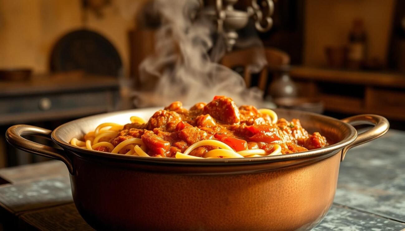A steaming bowl of pasta, the rich red sugo al lampredotto variante piccante glistening with a subtle sheen. The tender, spicy offal stew simmers in a copper pot, filling the air with the aroma of garlic, tomatoes, and a hint of chili. The scene is lit by warm, golden tones, capturing the rustic charm of a traditional Tuscan kitchen. In the background, a weathered wooden table and a wrought-iron chandelier add to the cozy, homespun ambiance. This flavorful variation of the classic Florentine dish is ready to be served, a testament to the region's culinary heritage. A steaming bowl of pasta, the rich red sugo al lampredotto variante piccante glistening with a subtle sheen. The tender, spicy offal stew simmers in a copper pot, filling the air with the aroma of garlic, tomatoes, and a hint of chili. The scene is lit by warm, golden tones, capturing the rustic charm of a traditional Tuscan kitchen. In the background, a weathered wooden table and a wrought-iron chandelier add to the cozy, homespun ambiance. This flavorful variation of the classic Florentine dish is ready to be served, a testament to the region's culinary heritage.