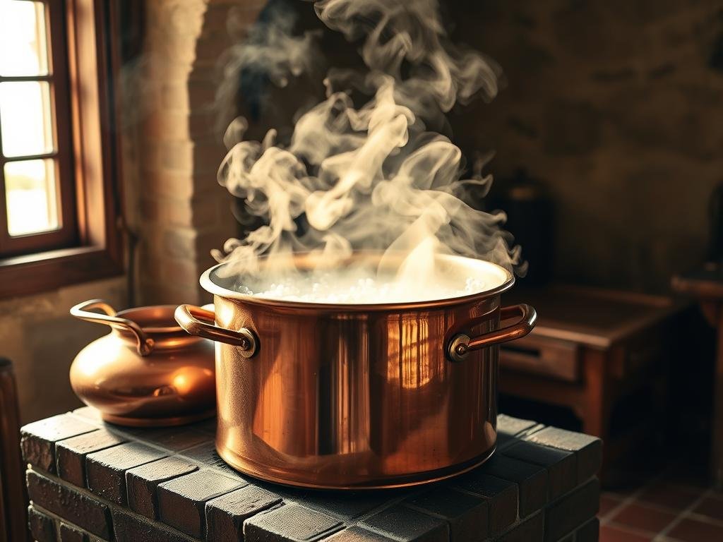 A steaming copper vat sits atop a traditional brick stove, its contents bubbling with the essence of freshly pressed grape must. The scene evokes the timeless artistry of Italian winemaking, where the rhythmic dance of boiling and simmering is a crucial step in transforming the raw potential of the grape into a refined, flavorful elixir. Wisps of steam rise, catching the warm, golden light that filters through the windows, casting a hazy, atmospheric glow over the entire scene. Gleaming copper and polished wooden accents reflect the care and craftsmanship of the vintners, who meticulously tend to this age-old process, ensuring the perfect balance of time and temperature for the must to reach its desired state.