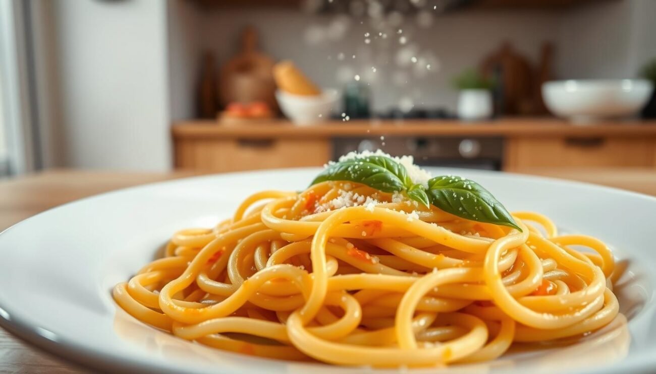 A steaming plate of freshly cooked gluten-free pasta, al dente and glistening with a light, aromatic sauce. The noodles, made from high-quality rice flour, have a delicate texture that catches the light, casting subtle shadows across the dish. In the background, a minimalist Italian kitchen setting, with clean lines and a warm, earthy color palette, creating a sense of rustic elegance. The scene is bathed in soft, diffused lighting, highlighting the vibrant colors and natural tones of the ingredients. A sprig of fresh basil or a sprinkle of grated parmesan cheese adds the final touch of authenticity, completing the perfect image of a delectable, gluten-free Italian meal.