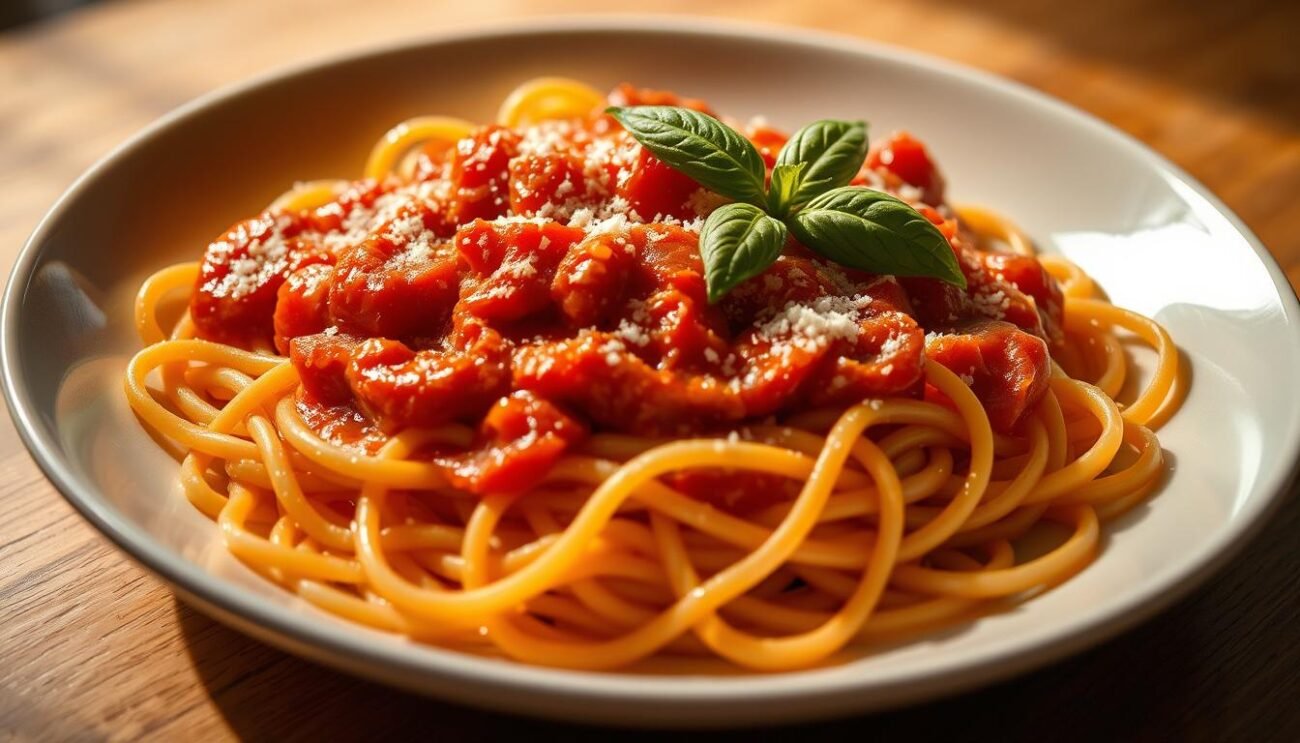 A steaming plate of perfectly cooked pasta al dente, with a vibrant red tomato sauce glistening on the surface. The noodles have a firm, slightly chewy texture, with a slight curl to each strand. Garnished with fresh basil leaves and a sprinkle of grated Parmesan cheese, the dish exudes an authentic Italian aroma. The lighting is soft and warm, casting a gentle glow on the pasta, creating a cozy and inviting atmosphere. The image is captured from a slightly elevated angle, showcasing the dish's delectable presentation, ready to be enjoyed by a health-conscious athlete seeking the optimal balance of carbohydrates for their active lifestyle. A steaming plate of perfectly cooked pasta al dente, with a vibrant red tomato sauce glistening on the surface. The noodles have a firm, slightly chewy texture, with a slight curl to each strand. Garnished with fresh basil leaves and a sprinkle of grated Parmesan cheese, the dish exudes an authentic Italian aroma. The lighting is soft and warm, casting a gentle glow on the pasta, creating a cozy and inviting atmosphere. The image is captured from a slightly elevated angle, showcasing the dish's delectable presentation, ready to be enjoyed by a health-conscious athlete seeking the optimal balance of carbohydrates for their active lifestyle.
