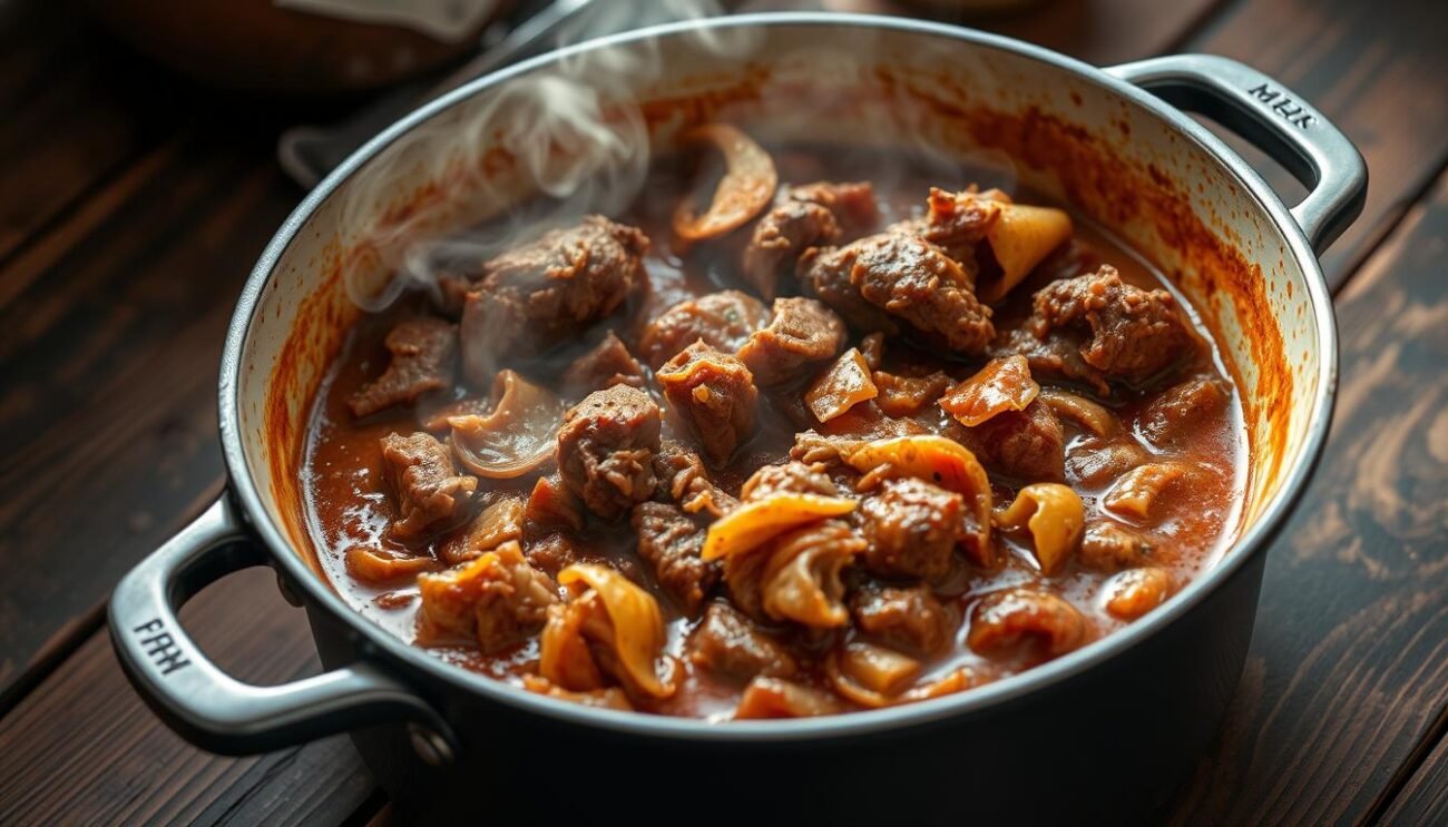 A steaming pot of slow-simmered duck ragù, its rich, complex flavors mingling together in a thick, velvety sauce. The tender, shredded meat glistens in the warm light, perfectly complemented by the earthy aroma of herbs and the subtle sweetness of caramelized onions. In the background, a worn wooden table sets the rustic scene, hinting at the care and patience required to craft this traditional Italian dish. The image showcases the culmination of the cooking process, inviting the viewer to imagine the layered textures and the depth of flavor that await in each bite.