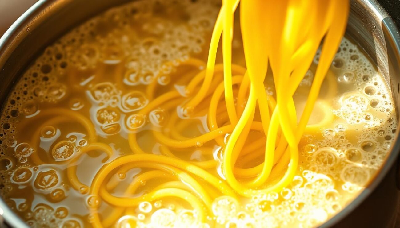 A steaming pot of water, gently rolling with boiling bubbles. Al dente strands of linguine, their vibrant yellow hue catching the warm, soft light. A pinch of salt, a drizzle of olive oil, as the pasta dances and swirls, perfectly cooked to a delicate, toothsome texture. The scene is composed with an Italian flair, evoking the rustic charm of a sun-drenched kitchen in the heart of Italy. Warm, earthy tones and a slight vignette effect create an authentic, inviting atmosphere, ready to showcase the culinary delight of "Pasta con Crema di Zucca: Ricetta Autunnale e Varianti Top."