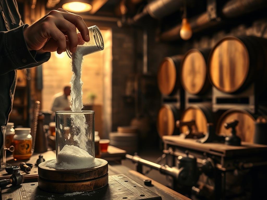 A steampunk-inspired scene depicting the process of adding sugar for optimal priming and fermentation in the production of craft beer. In the foreground, an artisan carefully measures and pours refined sugar into a glass beaker, casting warm, amber-toned light across the scene. The middle ground features a vintage-style brewmaster's workbench, adorned with various tools and instruments, hinting at the technical precision required. In the background, a dimly lit cellar reveals the silhouettes of oak barrels, creating an atmospheric, industrial ambiance. The overall composition conveys the artisanal nature of the craft beer brewing process, with a focus on the critical step of priming with sugar for optimal refermentation. A steampunk-inspired scene depicting the process of adding sugar for optimal priming and fermentation in the production of craft beer. In the foreground, an artisan carefully measures and pours refined sugar into a glass beaker, casting warm, amber-toned light across the scene. The middle ground features a vintage-style brewmaster's workbench, adorned with various tools and instruments, hinting at the technical precision required. In the background, a dimly lit cellar reveals the silhouettes of oak barrels, creating an atmospheric, industrial ambiance. The overall composition conveys the artisanal nature of the craft beer brewing process, with a focus on the critical step of priming with sugar for optimal refermentation.
