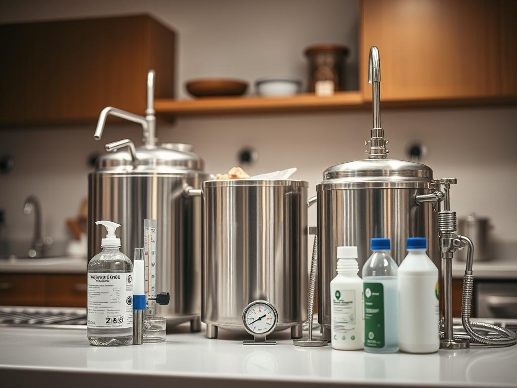 A sterile, well-lit kitchen counter with various stainless steel brewing equipment, including a fermenting vessel, hydrometer, and cleaning supplies. The scene conveys a sense of order and precision, with a focus on the critical importance of sanitization in the craft beer-making process. The lighting is soft and diffused, creating a clean, professional atmosphere. The background is blurred, keeping the attention on the foreground equipment and emphasizing the attention to detail required for successful home brewing.