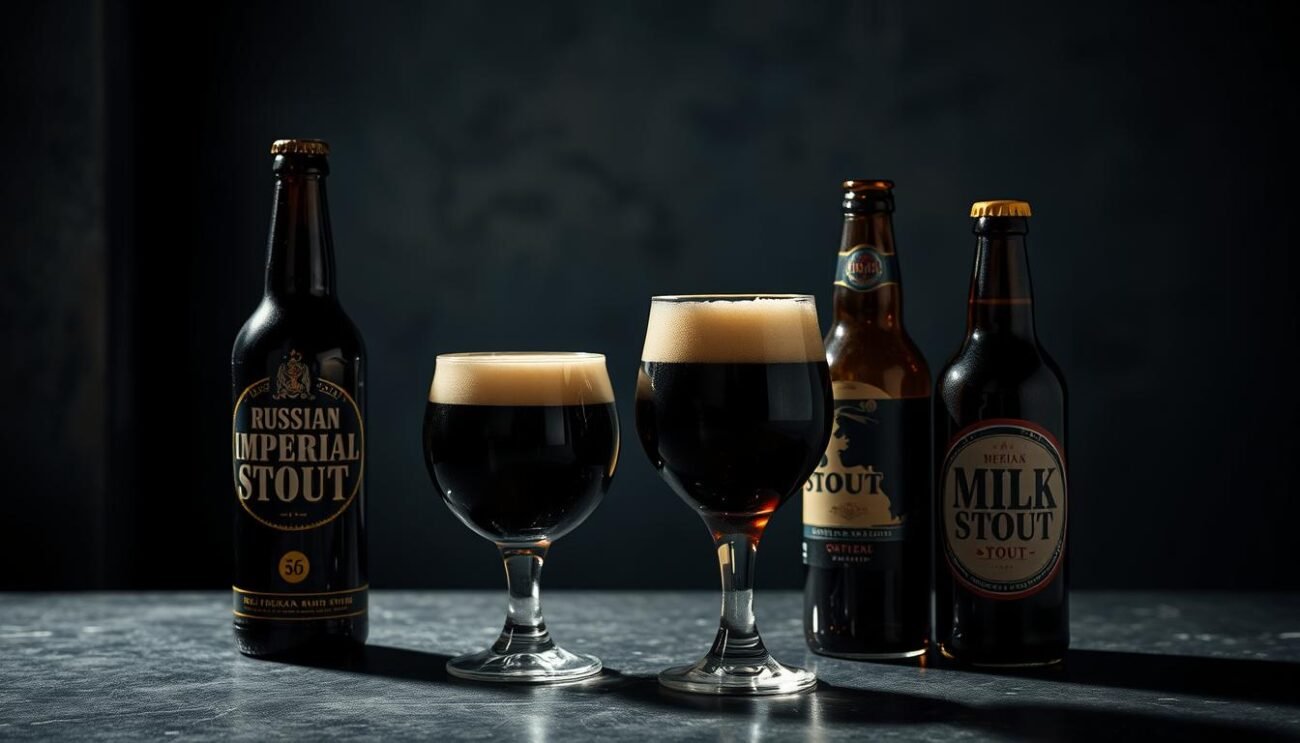 A still life arrangement showcasing a variety of stout beers, including Russian imperial stout, oatmeal stout, and milk stout. The image is set against a moody, dimly lit backdrop, with the bottles and glasses strategically placed to highlight their unique characteristics. The lighting is dramatic, creating deep shadows and highlights that accentuate the rich, dark hues of the beers. The composition is balanced, with the foreground objects in sharp focus and the background slightly blurred, drawing the viewer's attention to the main subject. The overall mood is one of sophistication and appreciation for the craft of brewing these iconic dark beers.