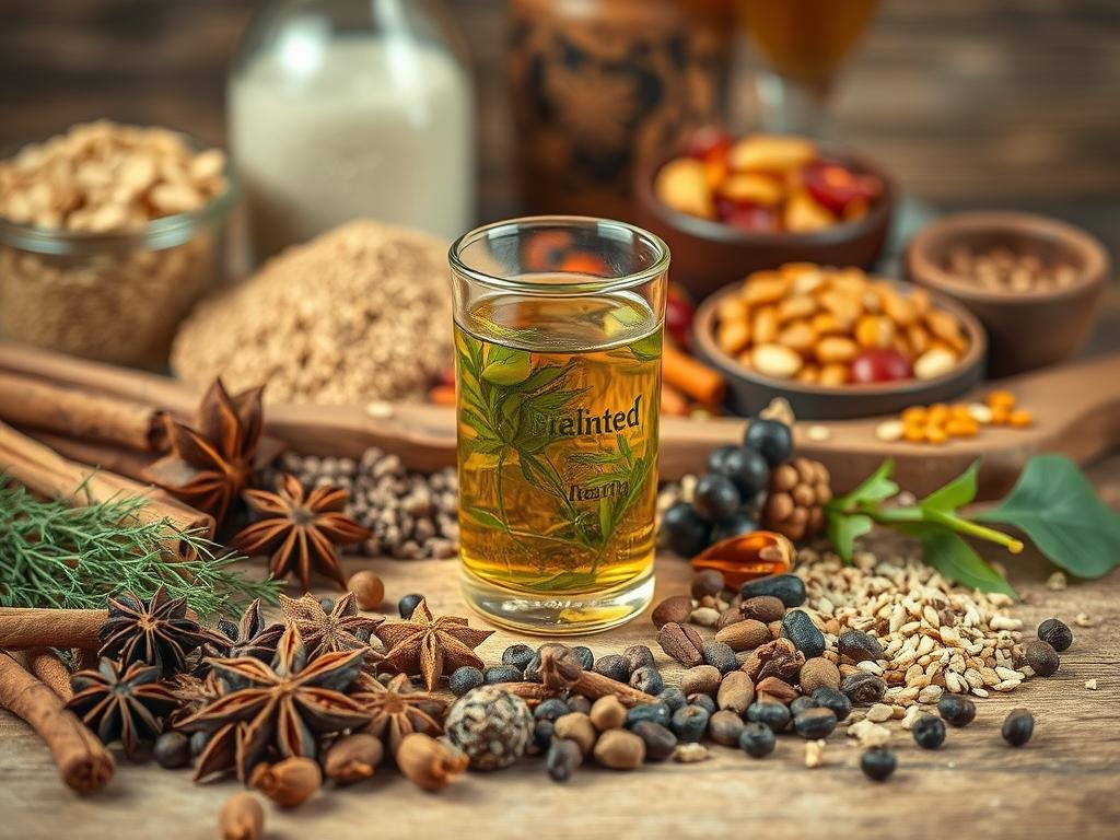 A still life composition featuring an assortment of specialty beer ingredients. In the foreground, various whole spices and herbs cascade across the frame, including cinnamon sticks, cloves, star anise, and peppercorns. In the middle ground, a glass beaker filled with a vibrant herbal infusion takes center stage, its contents swirling softly. In the background, a collection of specialty malts, grains, and dried fruit sit atop a rustic wooden surface, hinting at the complex flavors that can be achieved through innovative brewing techniques. The lighting is soft and warm, casting a cozy, artisanal atmosphere. This image captures the essence of the "Altri Ingredienti e Varianti per Birre Speciali" section, showcasing the creative possibilities that lie beyond the four core beer ingredients.