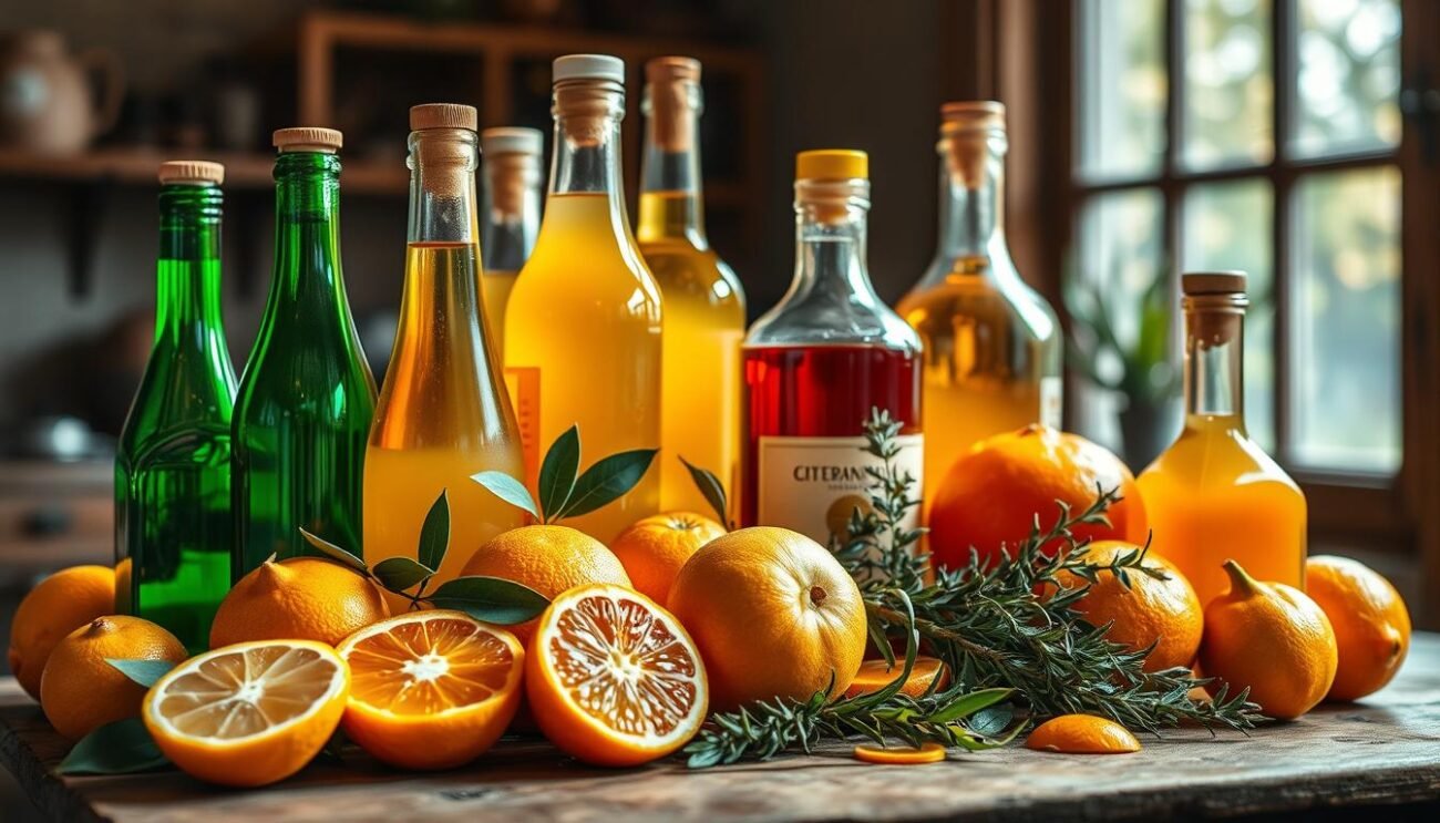 A still life composition featuring an assortment of traditional Italian citrus liqueurs, captured in a warm, soft-focus setting. In the foreground, a collection of hand-crafted bottles in various shapes and shades of amber, emerald, and gold, filled with the vibrant, aromatic spirits. The middle ground showcases freshly harvested citrus fruits - gleaming lemons, fragrant oranges, and bittersweet bergamots - artfully arranged alongside sprigs of aromatic herbs. The background hints at a rustic, Italian countryside setting, with dappled sunlight filtering through a window, casting a gentle glow over the scene. The overall mood is one of warmth, tradition, and the essence of Italian craftsmanship.