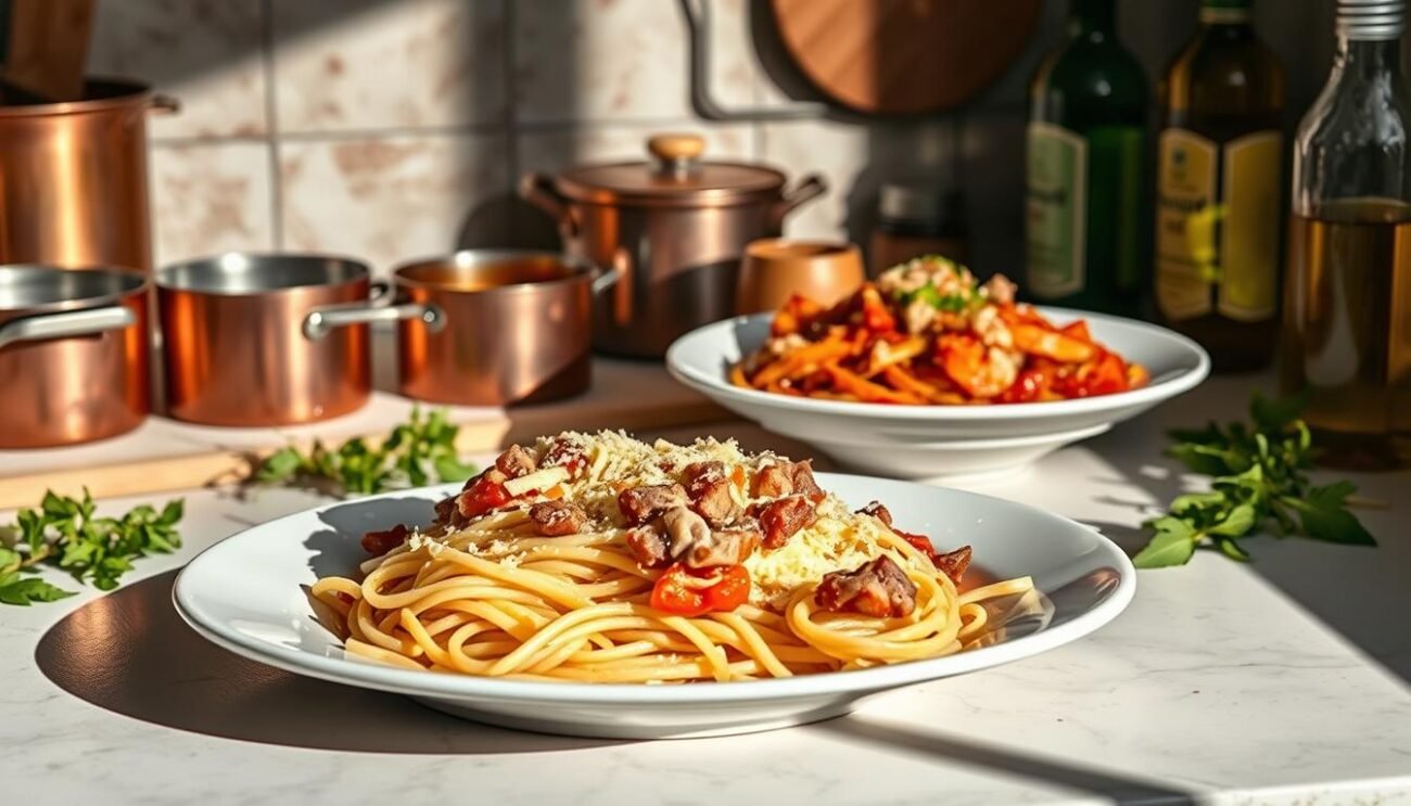 A still-life scene depicting the visual contrast between a traditional Amatriciana bianca (white) and Amatriciana rossa (red) pasta dish. In the foreground, a plate of Amatriciana bianca with its creamy, cheesy sauce and guanciale (cured pork cheek) atop fresh al dente pasta. In the middle ground, a plate of Amatriciana rossa, featuring a vibrant tomato-based sauce with crunchy guanciale. The background is a rustic Italian kitchen counter, with copper pots, fresh herbs, and a bottle of quality olive oil, setting the scene. Dramatic side lighting casts shadows, emphasizing the distinct textures and colors of the two Amatriciana variations. The overall mood is one of culinary exploration, inviting the viewer to appreciate the nuanced differences between these classic Roman pasta dishes.
