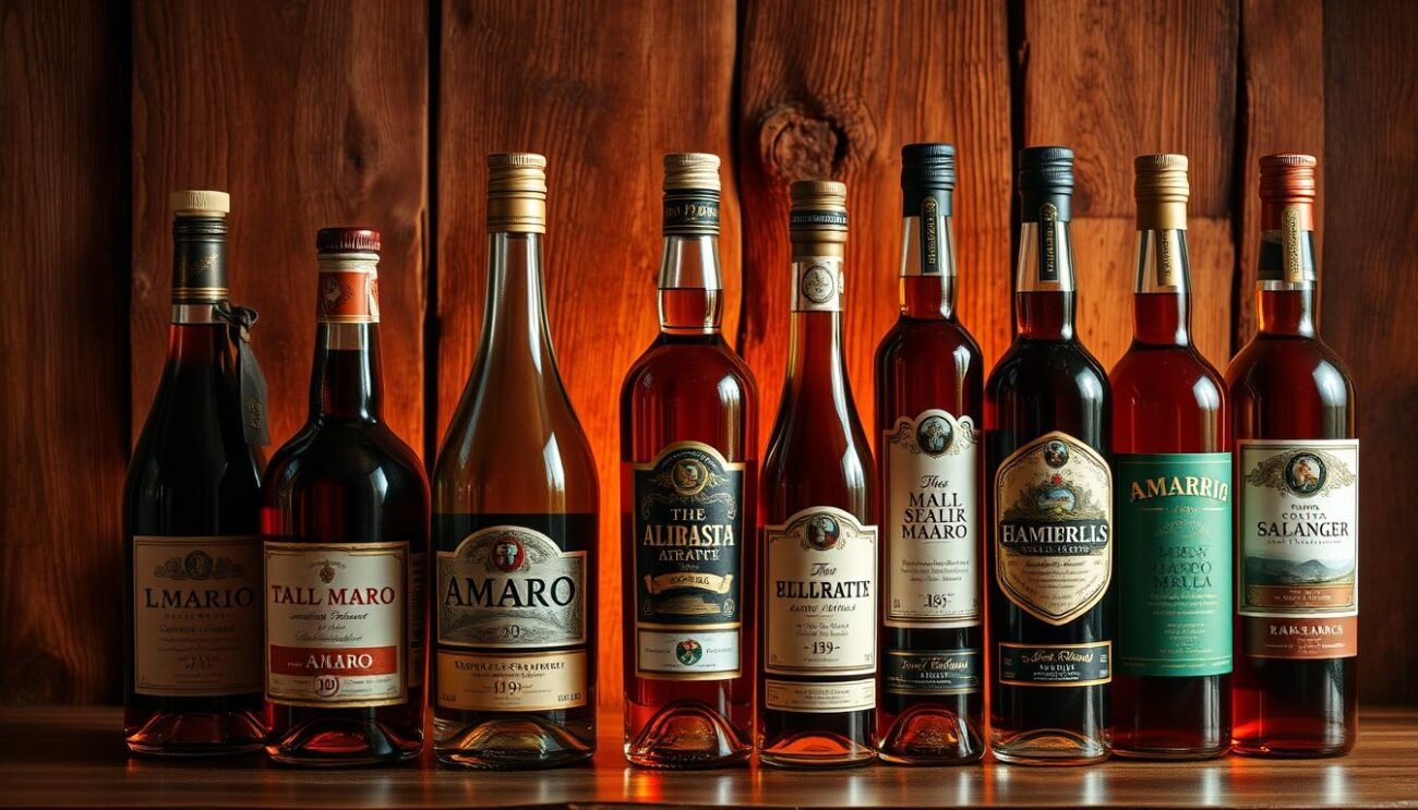 A stunning arrangement of traditional Italian amaro bottles, each reflecting the unique regional traditions and flavors of their respective provinces. The scene is illuminated by warm, golden lighting, casting a nostalgic glow over the carefully curated display. The bottles, with their intricate labels and distinctive shapes, stand proudly against a backdrop of rich, textured wood, hinting at the artisanal craftsmanship and centuries-old recipes that give these amari their distinctive character. The overall composition evokes a sense of celebration of Italy's diverse and vibrant amaro heritage, inviting the viewer to explore the nuances and complexities of these beloved digestifs.