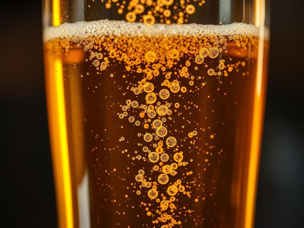 A stunning close-up image of the intricate process of natural carbonation in artisanal beer. The frame captures the delicate dance of tiny bubbles forming and rising through the golden liquid, illuminated by soft, diffused lighting that casts a warm, inviting glow. The crystal-clear glass container showcases the beer's clarity and effervescence, while the background is blurred to maintain the focus on the captivating carbonation technique. The overall mood is one of artisanal craft, scientific precision, and the pure delight of the perfect pour. Inspired by the vibrant beer scene in Italy, this image perfectly encapsulates the "Tecniche e Varianti: Carbonazione Naturale Birra" section of the article.