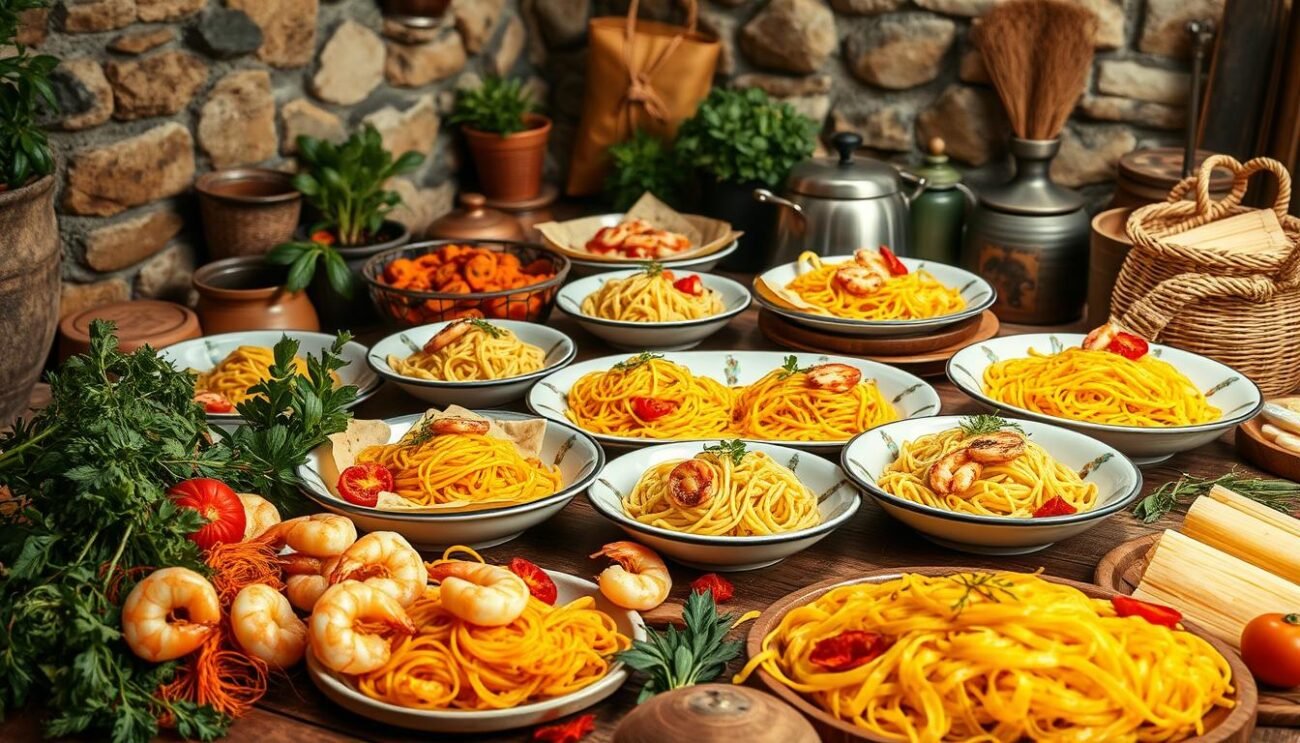 A sumptuous display of creative pasta variations and complementary accompaniments, captured in a vibrant, artisanal-inspired tableau. In the foreground, an array of fresh ingredients - glistening shrimp, vibrant saffron strands, and a variety of aromatic herbs - evoke the elegance of the signature dish. The middle ground features an eye-catching arrangement of plated pasta dishes, each showcasing a unique interpretation of the recipe, from vibrant saffron hues to delicate seafood garnishes. The background is filled with a rustic Italian setting, with stone walls, woven baskets, and vintage-inspired cookware, evoking a sense of timeless culinary tradition. Warm, natural lighting casts a welcoming glow, while the composition is balanced and visually striking, inviting the viewer to explore the myriad of creative possibilities for this sophisticated pasta creation.