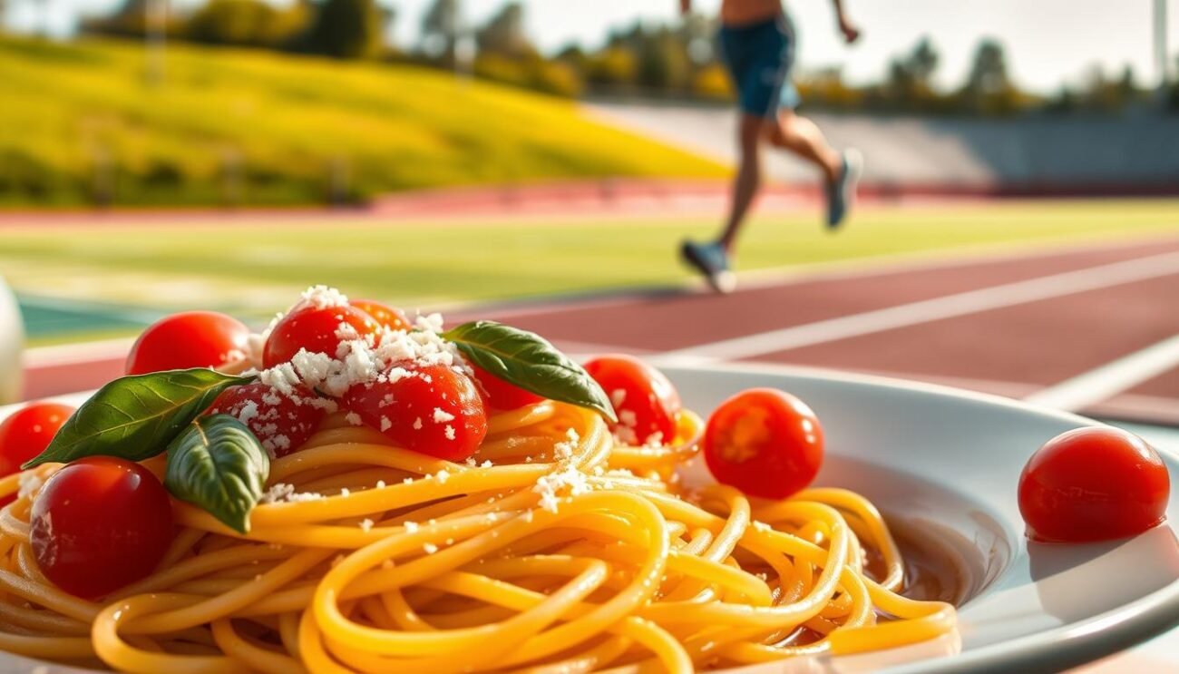A sumptuous plate of al dente spaghetti, glistening with olive oil and tossed with vibrant cherry tomatoes, aromatic basil, and a dusting of Parmesan. In the background, a sports-themed backdrop - a lush green field, a gleaming athletic track, and a dynamic figure mid-stride, clad in sleek workout gear. Warm, natural lighting bathes the scene, capturing the harmonious fusion of Italian cuisine and athletic prowess. The overall atmosphere conveys a sense of vitality, nourishment, and the synergy between the body's physical needs and the joy of delicious, wholesome food. A sumptuous plate of al dente spaghetti, glistening with olive oil and tossed with vibrant cherry tomatoes, aromatic basil, and a dusting of Parmesan. In the background, a sports-themed backdrop - a lush green field, a gleaming athletic track, and a dynamic figure mid-stride, clad in sleek workout gear. Warm, natural lighting bathes the scene, capturing the harmonious fusion of Italian cuisine and athletic prowess. The overall atmosphere conveys a sense of vitality, nourishment, and the synergy between the body's physical needs and the joy of delicious, wholesome food.