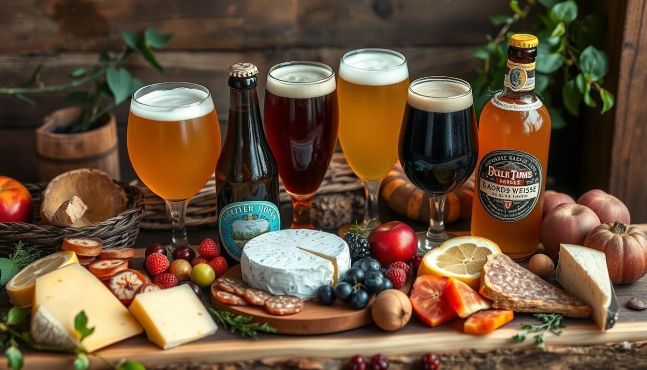 A sumptuous spread of varied sour beer pairings, captured in a rustic, earthy ambiance. Artfully arranged cheeses, charcuterie, and seasonal fruits nestle alongside a selection of classic lambic, gose, and Berliner Weisse styles, their vibrant hues and effervescent carbonation inviting the viewer to indulge. Soft, diffused lighting casts a warm glow, while the composition is balanced with natural elements like wood textures and lush greenery, evoking a cozy, sophisticated atmosphere for savoring the complex flavors of these unique, food-friendly brews.