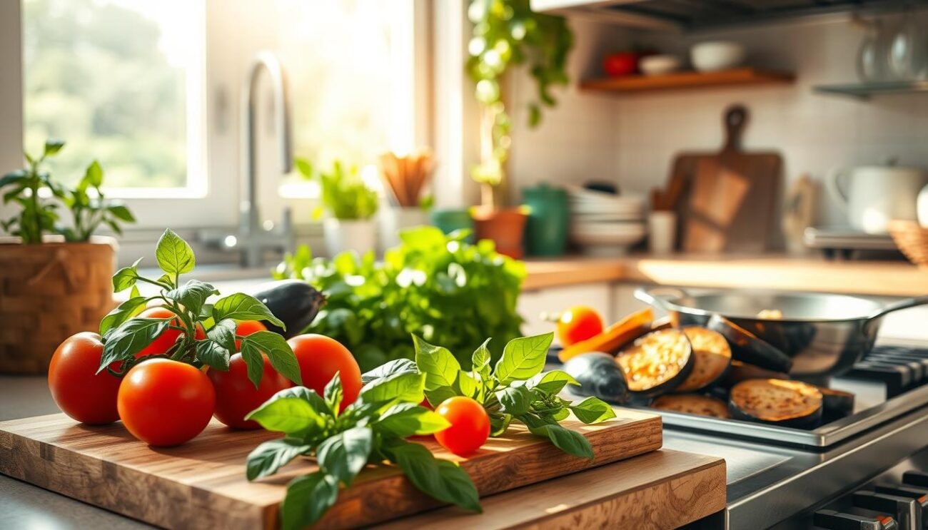 A sun-drenched Italian kitchen, filled with the aroma of freshly sautéed vegetables. On the countertop, a cutting board showcases the vibrant colors of heirloom tomatoes, vibrant basil leaves, and the rich, velvety texture of eggplant slices. A stainless steel pan sizzles on the stovetop, capturing the essence of summer cooking techniques - searing, roasting, and simmering. Soft, natural lighting cascades through the window, illuminating the scene with a warm, golden glow. The atmosphere radiates a sense of effortless elegance, inviting the viewer to experience the joy of simple, yet flavorful, seasonal cuisine.