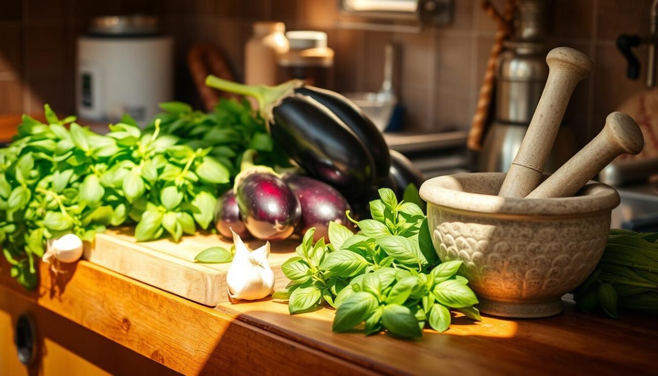 A sun-drenched Sicilian kitchen, overflowing with fresh ingredients. On the counter, a cutting board holds plump, purple eggplants, their skin glistening. Beside them, a mortar and pestle stand ready, flanked by bunches of basil, vibrant green against the rustic wood. The air is filled with the aroma of garlic, olive oil, and the earthy scent of toasted pine nuts. A shaft of warm, golden light illuminates the scene, casting gentle shadows and highlighting the textures of the ingredients. The mood is one of relaxed, Mediterranean abundance, inviting the viewer to imagine the delicious pesto soon to be prepared.