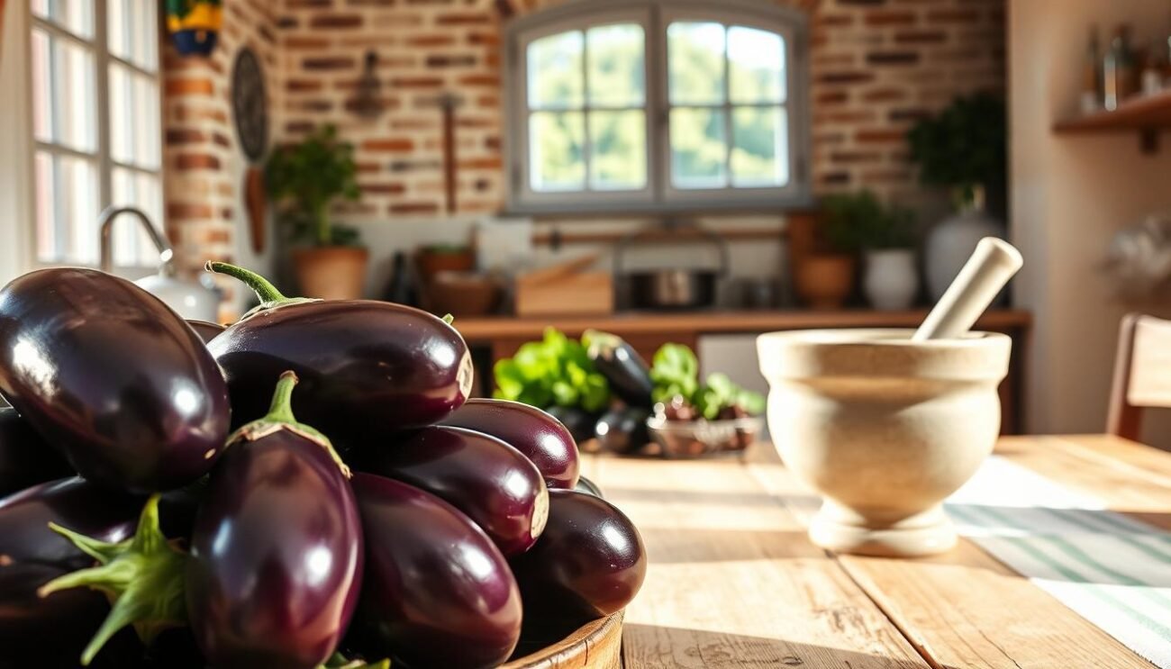A sun-drenched kitchen in the heart of Italy, filled with the vibrant hues of fresh produce. In the foreground, a bountiful display of deep purple eggplants, their glossy skins glistening under the warm Mediterranean light. Nearby, a mortar and pestle stand ready, hinting at the aromatic pesto that will soon be prepared. In the middle ground, a rustic wooden table is adorned with a crisp white tablecloth, the perfect stage for the eggplant-based culinary creation. In the background, a wall of exposed brick and a simple yet elegant window frame the scene, showcasing the timeless essence of Italian cuisine.