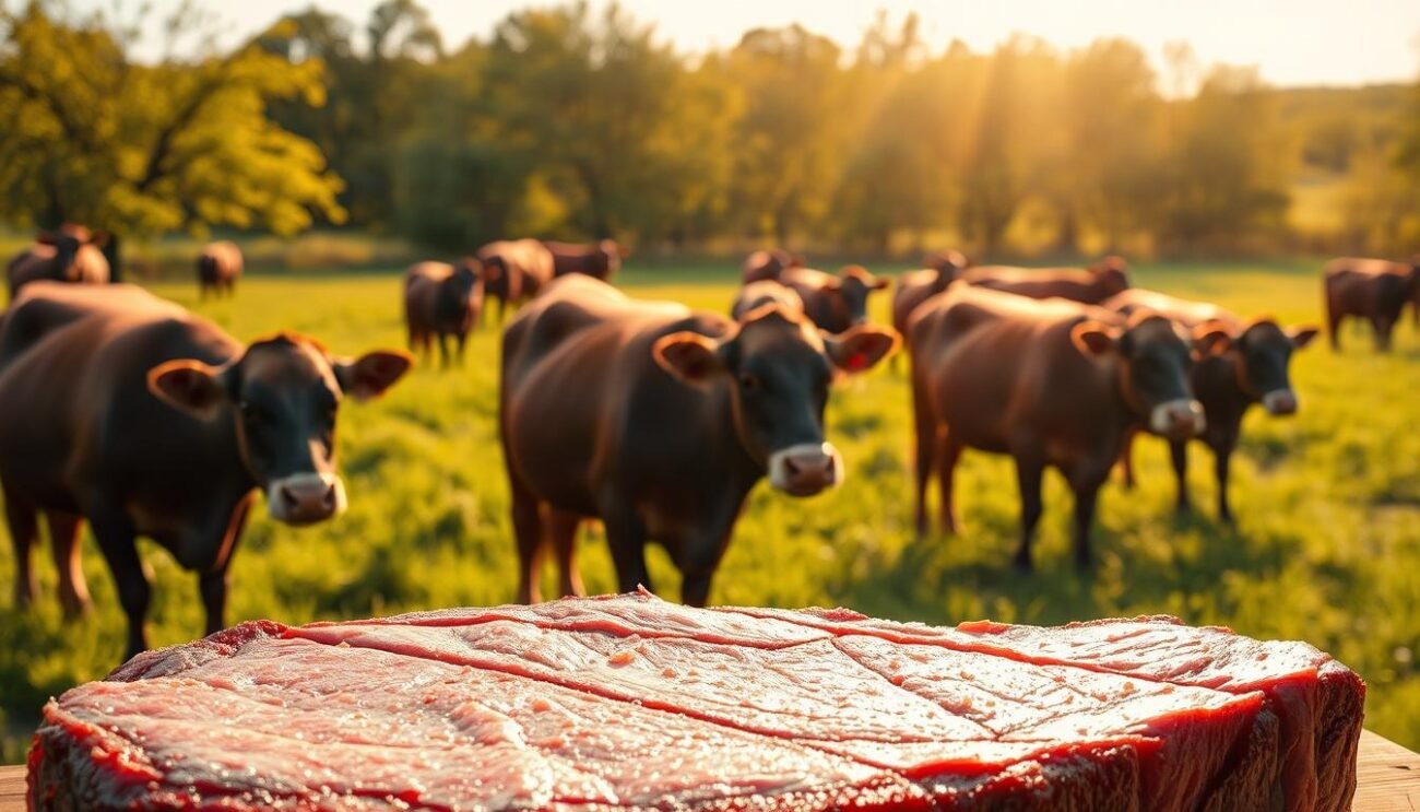 A sun-drenched pasture, lush with vibrant greenery, where free-roaming cattle graze contentedly. Soft, warm light filters through the trees, casting a golden glow over the scene. The cattle's hides glisten, their muscles rippling as they move, testament to the benefits of this natural, open-air environment. In the foreground, a close-up view of a succulent, marbled steak, its rich hues and tender texture a result of the animals' healthy, stress-free lives. The image exudes a sense of tranquility and the promise of superior quality, highlighting the advantages of outdoor livestock rearing and the positive impact of sunlight on the meat's flavor and nutritional value.