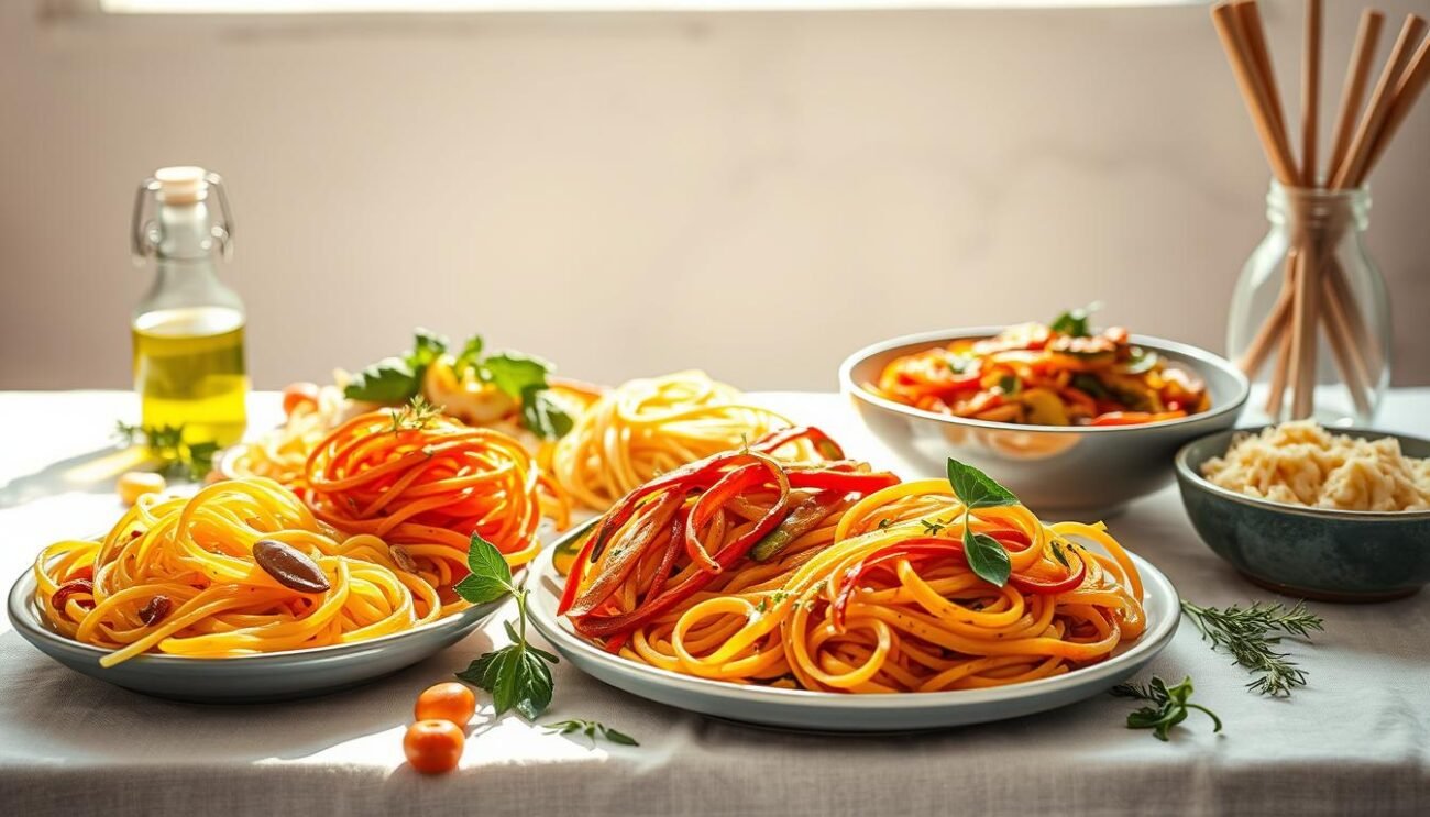 A sun-drenched table, adorned with a vibrant array of gluten-free pasta dishes. Plump, twirling strands in a rainbow of hues, accompanied by fresh herbs, roasted vegetables, and a drizzle of olive oil. The scene exudes a sense of culinary delight and wellness, inviting the viewer to savor the nourishing benefits of this healthful alternative. Soft, diffused lighting casts a warm glow, while a minimalist background allows the pasta's vibrant colors to take center stage. Capture the essence of a balanced, gluten-free lifestyle, where every bite promises satisfaction and nutrition.