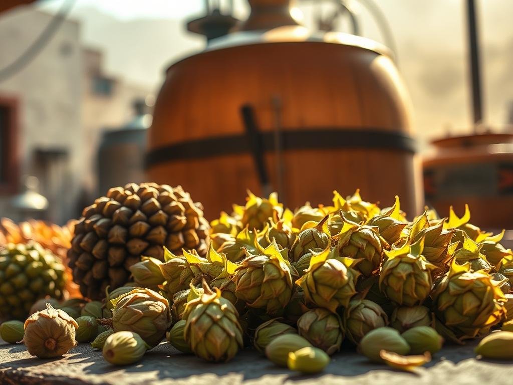 A sunlit, artfully composed still life featuring various tools and ingredients associated with the dry hopping process. Prominently displayed in the foreground, a selection of aromatic hop cones in various stages of preparation, contrasted by the muted tones of a wooden fermentation vessel in the midground. In the background, a hazy, atmospheric depiction of a rustic Italian microbrewery, conveying a sense of craftsmanship and tradition. Warm lighting bathes the scene, highlighting the textures and colors of the components. The overall mood is one of thoughtful process, artisanal care, and the promise of a flavorful, hop-forward beer.