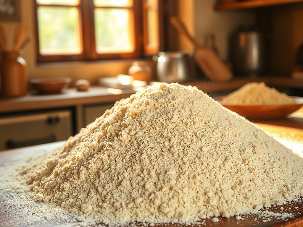 A table full of freshly ground stone-milled whole grain farina, its warm hues and coarse texture evocative of rustic Italian tradition. Sunlight filters through a window, casting a soft, golden glow that illuminates the pile of fragrant, nutrient-rich flour. In the background, a glimpse of a traditional Italian kitchen, with its weathered wooden surfaces and time-worn cookware. The overall scene conveys a sense of authenticity, quality, and the nourishing benefits of whole grain products. A table full of freshly ground stone-milled whole grain farina, its warm hues and coarse texture evocative of rustic Italian tradition. Sunlight filters through a window, casting a soft, golden glow that illuminates the pile of fragrant, nutrient-rich flour. In the background, a glimpse of a traditional Italian kitchen, with its weathered wooden surfaces and time-worn cookware. The overall scene conveys a sense of authenticity, quality, and the nourishing benefits of whole grain products.