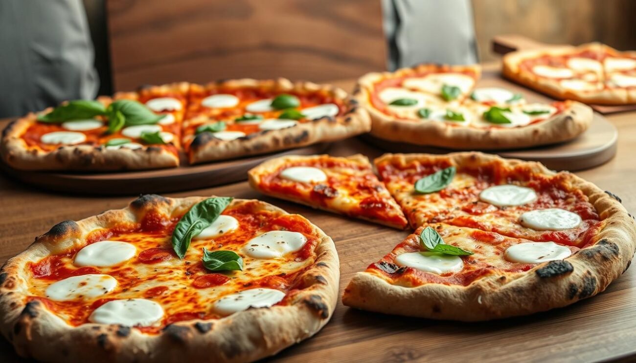 A table setting showcasing diverse ways to enjoy Roman-style pizza. In the foreground, a hand-tossed pizza with a crispy, charred crust and simple toppings of mozzarella and fresh basil. In the middle ground, slices are being folded and savored, capturing the quintessential Roman pizza-eating experience. The background features additional serving styles, such as pizza bianca (white pizza) and pizza al taglio (pizza by the slice), presented on wooden boards against a warm, rustic backdrop evocative of traditional Roman trattorias. Soft, directional lighting accentuates the textures and highlights the pizza's artisanal qualities, inviting the viewer to savor the diverse ways to enjoy this iconic Roman delicacy.