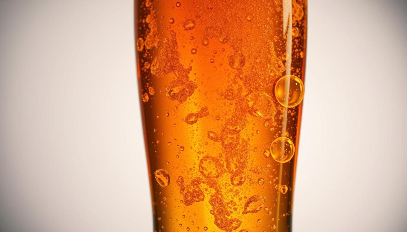 A tantalizing aroma of freshly poured ale, its robust caramel notes mingling with subtle hints of toasted grains. A hazy amber hue, reflecting the warm glow of an artisanal brewing process. Cascading bubbles rise steadily, their effervescence capturing the essence of this craft beverage. Captured in a carefully composed frame, the glass showcases the distinctive character of this ale, inviting the viewer to savor its complex flavor profile. Soft, directional lighting accentuates the depth and richness of the liquid, while a sleek, minimalist backdrop allows the beer to take center stage. This image perfectly encapsulates the sensory experience of this particular ale, inviting the viewer to delve into the nuances of its aromatic and flavor profile.