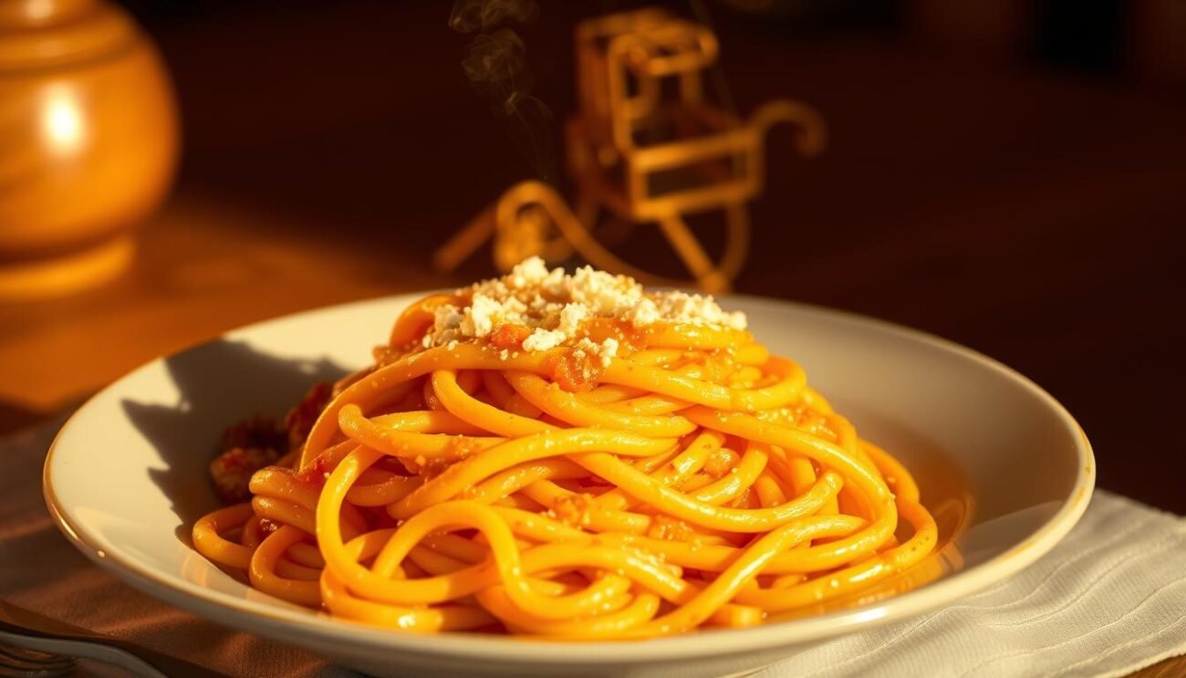A traditional Amatriciana Bianca dish, illuminated by warm, golden lighting and captured from an angle that showcases its rustic, homemade appearance. The pasta is perfectly al dente, coated in a creamy, cheese-based sauce that glistens invitingly. Wisps of steam rise from the dish, hinting at its recent preparation. The plate is set against a simple, yet elegant backdrop, perhaps a wooden table or a plain linen tablecloth, allowing the meal to take center stage. The overall scene conveys a sense of comforting, time-honored tradition, reflecting the rich culinary heritage of Italy.