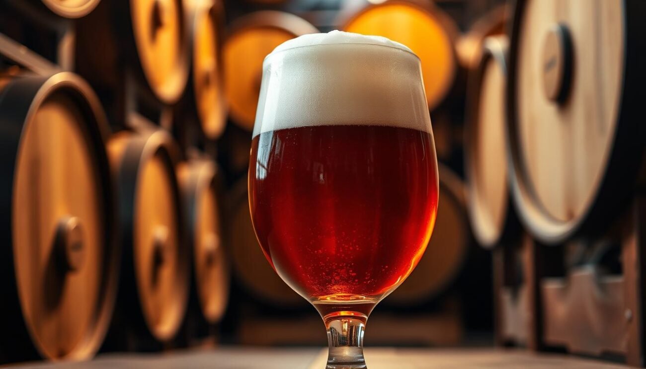 A traditional Belgian dubbel beer, with a deep amber hue and a rich, malty aroma. Soft, velvety foam crowns the glass, inviting you to savor the complex flavors. Hints of caramel, dried fruit, and a subtle spiciness mingle, creating a harmonious balance. The lighting is warm and inviting, casting a cozy glow over the scene. The composition captures the beer in a classic tulip glass, set against a backdrop of wooden casks and barrels, reminiscent of a traditional Belgian brewery. This image evokes the timeless traditions and artistry of Belgian dubbel ales, reflecting the essence of the "Il Fascino e le Radici delle Birre Dubbel" section.