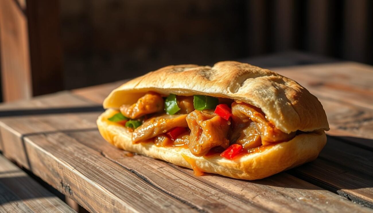 A traditional Florentine panino filled with tender, slow-cooked lampredotto, simmered in a rich, savory broth. The soft, fresh bread cradles the gelatinous tripe, its aroma mingling with the fragrant herbs and spices. Vibrant green and red condiments add a burst of color, complementing the rustic, earthy tones. Sunlight filters through the scene, casting a warm, nostalgic glow as the panino sits on a weathered wooden surface, embodying the timeless charm of Florentine street food culture. A traditional Florentine panino filled with tender, slow-cooked lampredotto, simmered in a rich, savory broth. The soft, fresh bread cradles the gelatinous tripe, its aroma mingling with the fragrant herbs and spices. Vibrant green and red condiments add a burst of color, complementing the rustic, earthy tones. Sunlight filters through the scene, casting a warm, nostalgic glow as the panino sits on a weathered wooden surface, embodying the timeless charm of Florentine street food culture.