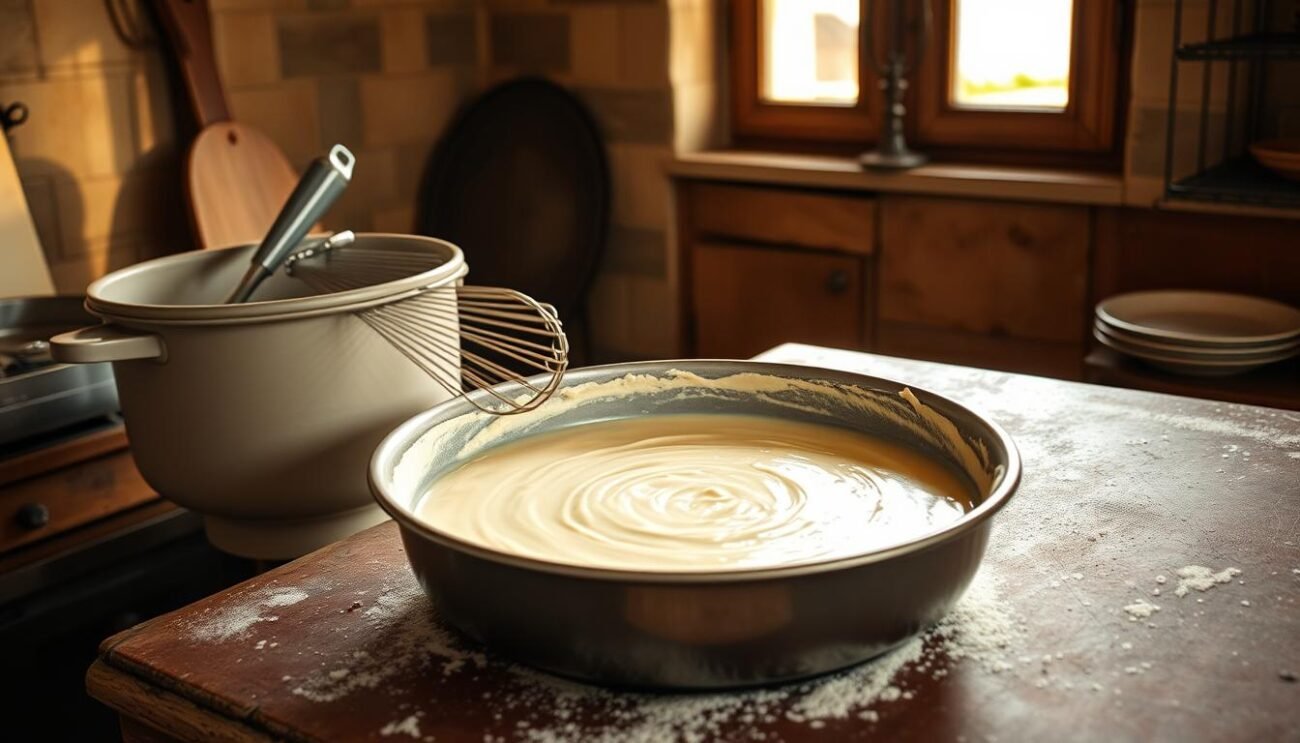 A traditional Italian kitchen, bathed in warm light. On a sturdy countertop, a large mixing bowl holds a pale, creamy batter - the essential ingredient for authentic Genovese farinata. Freshly ground chickpea flour, slowly whisked with water, olive oil, and a pinch of salt. The mixture is carefully poured into a shallow, round pan, ready to be slid into a blazing hot oven. Capture the rustic simplicity of this centuries-old Ligurian culinary tradition, where the preparation of farinata is an art form passed down through generations. A traditional Italian kitchen, bathed in warm light. On a sturdy countertop, a large mixing bowl holds a pale, creamy batter - the essential ingredient for authentic Genovese farinata. Freshly ground chickpea flour, slowly whisked with water, olive oil, and a pinch of salt. The mixture is carefully poured into a shallow, round pan, ready to be slid into a blazing hot oven. Capture the rustic simplicity of this centuries-old Ligurian culinary tradition, where the preparation of farinata is an art form passed down through generations.