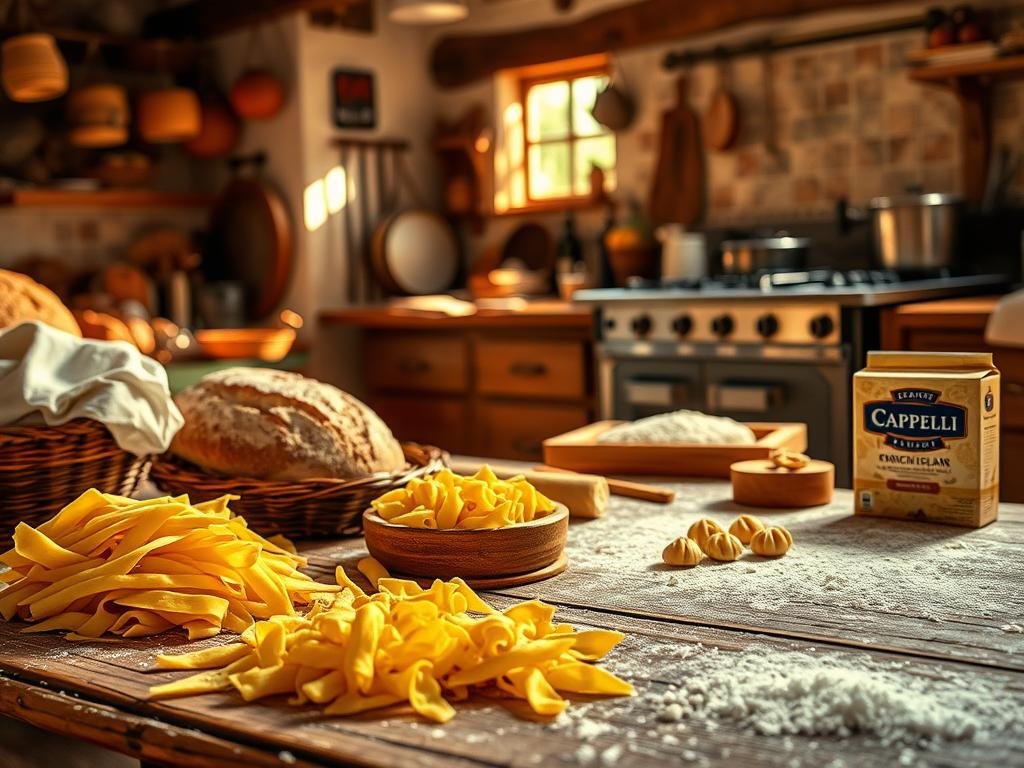 A traditional Italian kitchen scene, filled with the aroma of freshly baked bread and homemade pasta. In the foreground, a rustic wooden table showcases a variety of traditional pasta shapes, such as fusilli and orecchiette, made with Senatore Cappelli durum wheat flour. In the middle ground, a skilled home cook kneads dough on a floured surface, their hands working the dough with precision. The background features a cozy, sun-drenched kitchen, with terracotta tiles, hanging pots, and a vintage stove, evoking the timeless essence of Italian culinary heritage. The lighting is warm and inviting, casting a golden glow over the scene, capturing the essence of traditional Italian recipes. A traditional Italian kitchen scene, filled with the aroma of freshly baked bread and homemade pasta. In the foreground, a rustic wooden table showcases a variety of traditional pasta shapes, such as fusilli and orecchiette, made with Senatore Cappelli durum wheat flour. In the middle ground, a skilled home cook kneads dough on a floured surface, their hands working the dough with precision. The background features a cozy, sun-drenched kitchen, with terracotta tiles, hanging pots, and a vintage stove, evoking the timeless essence of Italian culinary heritage. The lighting is warm and inviting, casting a golden glow over the scene, capturing the essence of traditional Italian recipes.