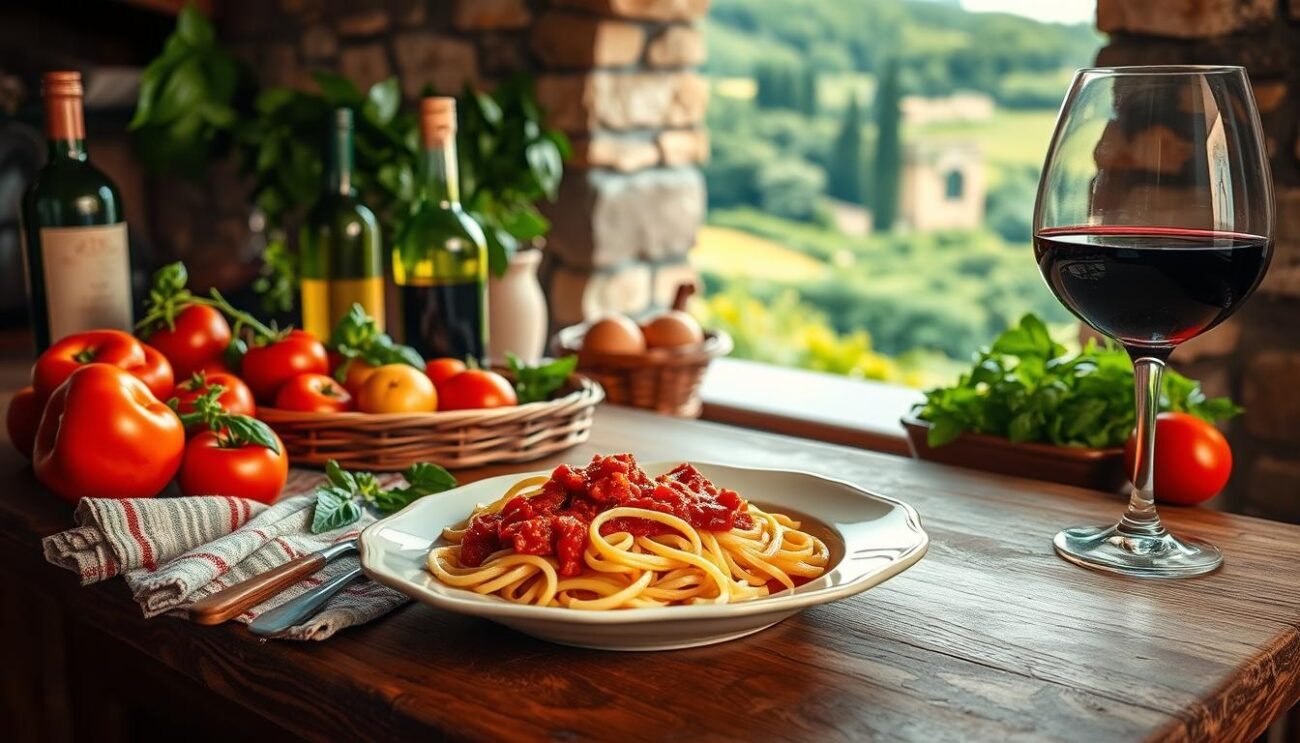 A traditional Italian kitchen scene, with a rustic wooden table adorned with fresh produce, basil, and a bottle of olive oil. In the background, a stone wall with a window frames a lush Italian countryside. The lighting is warm and inviting, casting a cozy glow over the scene. On the table, a plate of freshly prepared pasta with a simple, authentic tomato sauce, embodying the essence of traditional Italian culinary traditions. A glass of red wine completes the tableau, evoking the leisurely pace and enjoyment of a quintessential Italian meal.