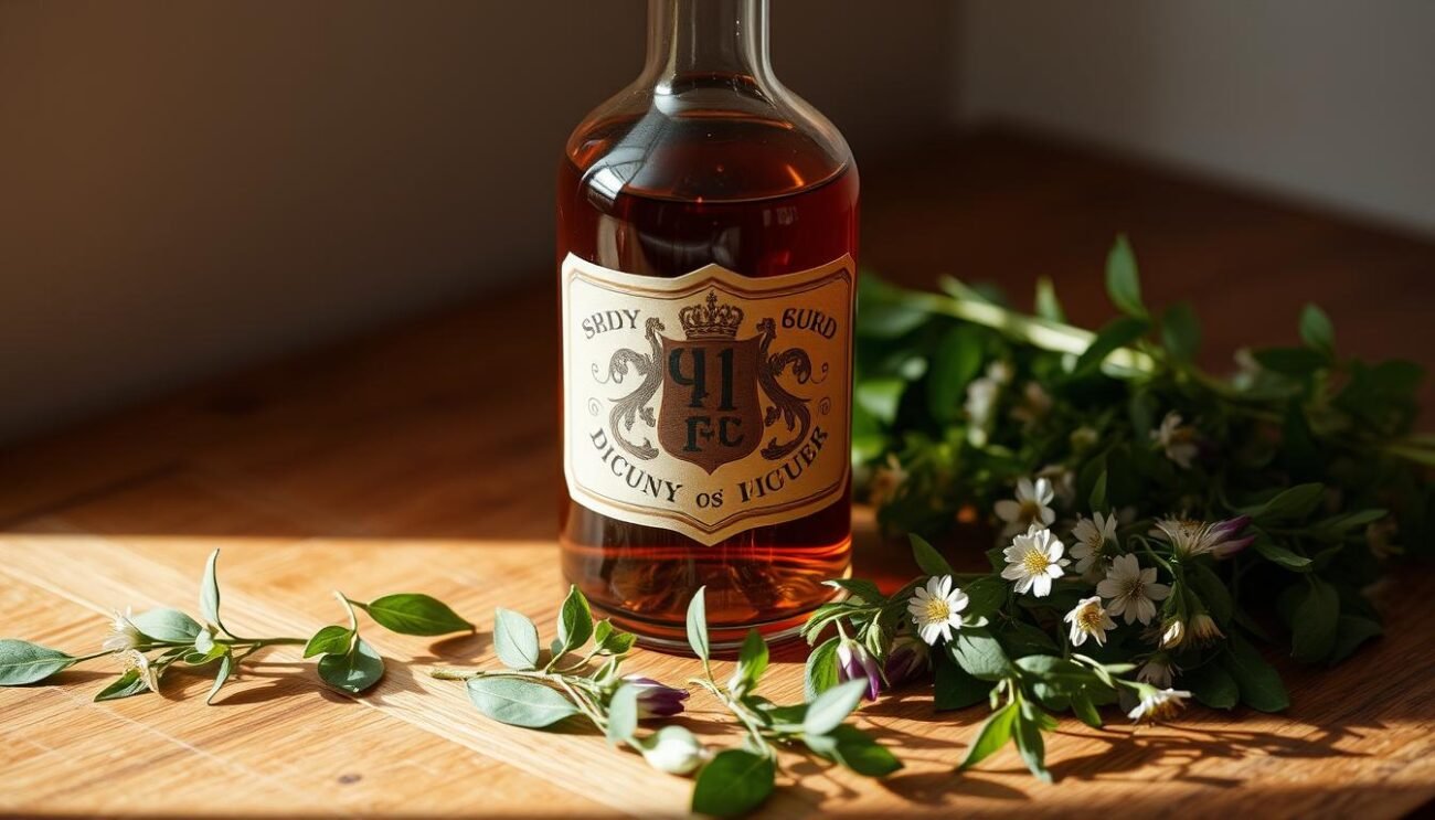 A traditional Italian liqueur made from an infusion of aromatic herbs, with a deep amber hue and a complex, herbal bouquet. A glass bottle with a label bearing an intricate heraldic design sits atop a wooden table, casting soft, warm shadows across the surface. The liqueur's translucent liquid glistens invitingly, hinting at the layers of flavors within. Surrounding the bottle, a scattering of fresh herbs, their vibrant green leaves and delicate flowers adding a natural, earthy accent to the scene. The lighting is soft and diffused, creating a cozy, intimate atmosphere that evokes the traditional, time-honored methods of liqueur production.