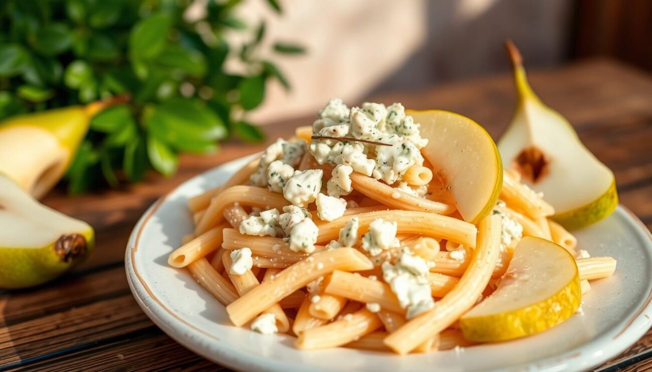 A traditional Italian pasta dish with creamy gorgonzola cheese and sweet pears. Freshly cooked al dente penne pasta is tossed with a rich, velvety gorgonzola sauce, accented by the juicy sweetness of ripe pear slices. The pasta is plated on a rustic wooden table, with a backdrop of lush green foliage and warm, natural lighting casting a cozy, authentic Italian atmosphere. The composition showcases the contrasting flavors and textures, inviting the viewer to imagine the delightful taste experience.
