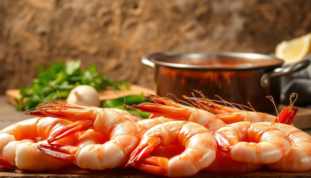 A traditional Italian preparation of shrimp sugo (sauce) is the focus of this image. Set against a rustic, earthy background, the fresh shrimp are foregrounded, their pink hues and glistening textures inviting the viewer to imagine their savory aroma. Mid-ground, the simmering pot of sauce bubbles away, wisps of steam rising. In the background, a wooden cutting board holds the freshly chopped herbs and aromatics that will lend their flavors to the dish. Warm, indirect lighting casts a soft glow, evoking the comforting, homemade nature of this traditional Italian preparation. The overall scene conveys the essence of a beloved regional cuisine - simple, flavorful, and deeply rooted in the culinary heritage of the Mediterranean.