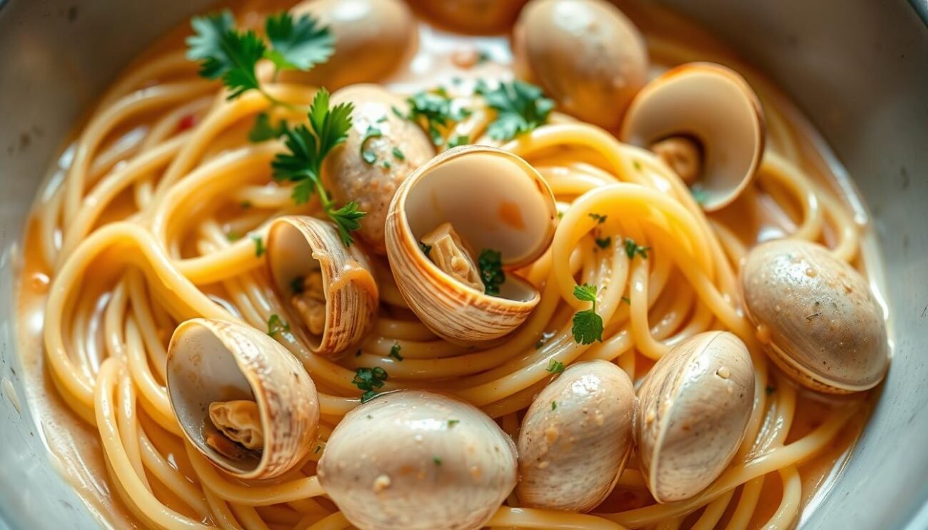 A traditional Italian seafood pasta sauce known as "Sugo alle Vongole" (Clam Sauce). The scene depicts a bowl of spaghetti or linguine noodles, coated in a creamy, aromatic broth flecked with tender, freshly steamed clams. The clams are arranged artfully, their shells glistening, contrasted against the soft, pale pasta. Fresh herbs, such as parsley or basil, are sprinkled over the top, adding a vibrant pop of color. The lighting is warm and natural, casting a soft glow over the dish, emphasizing its rich, comforting texture. The overall composition is simple yet elegant, focusing on the delicious and authentic appearance of this classic Italian culinary delight.